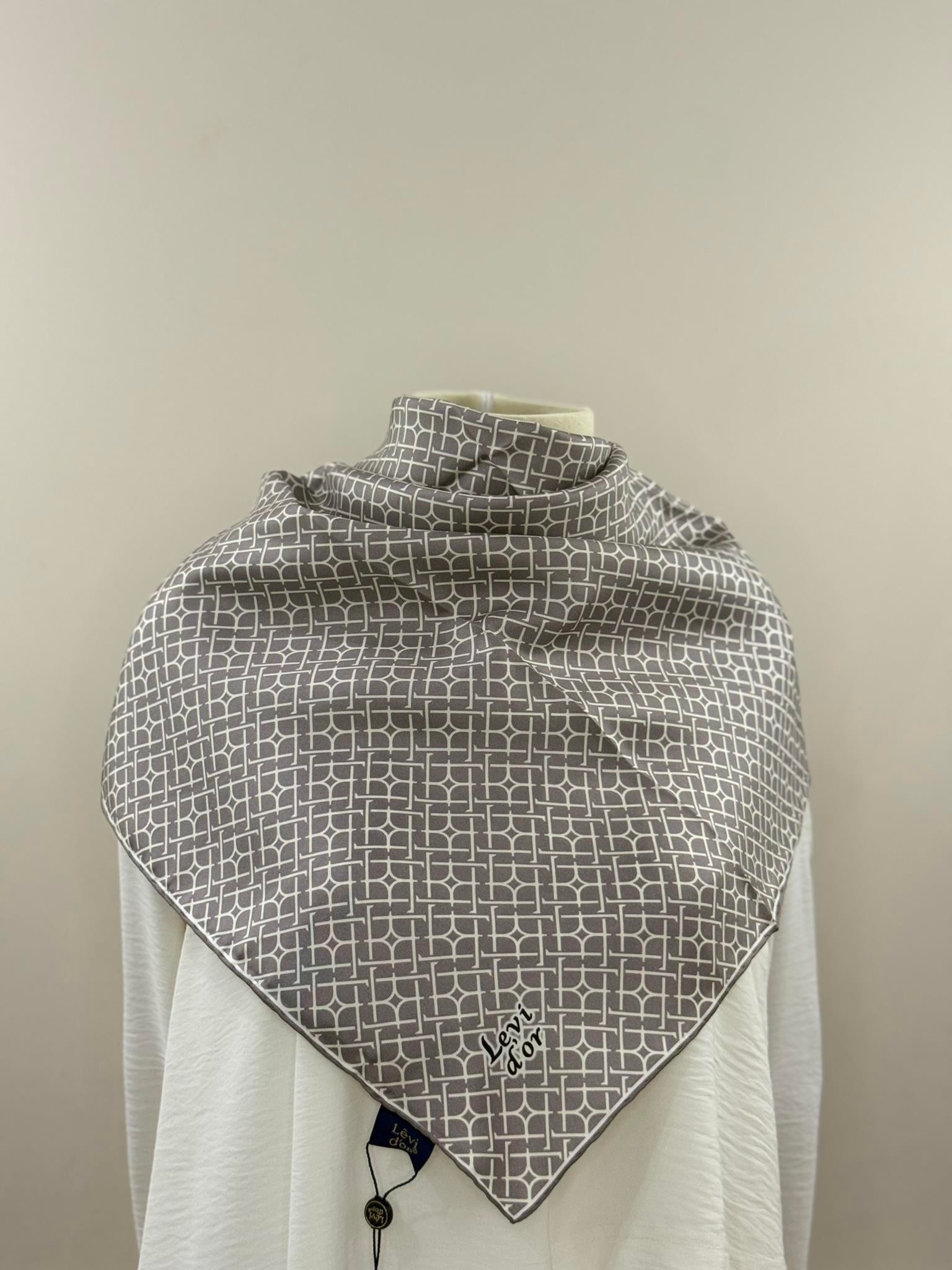 Levidor | Bej-Gri Zen Geometri Twill İpek Eşarp