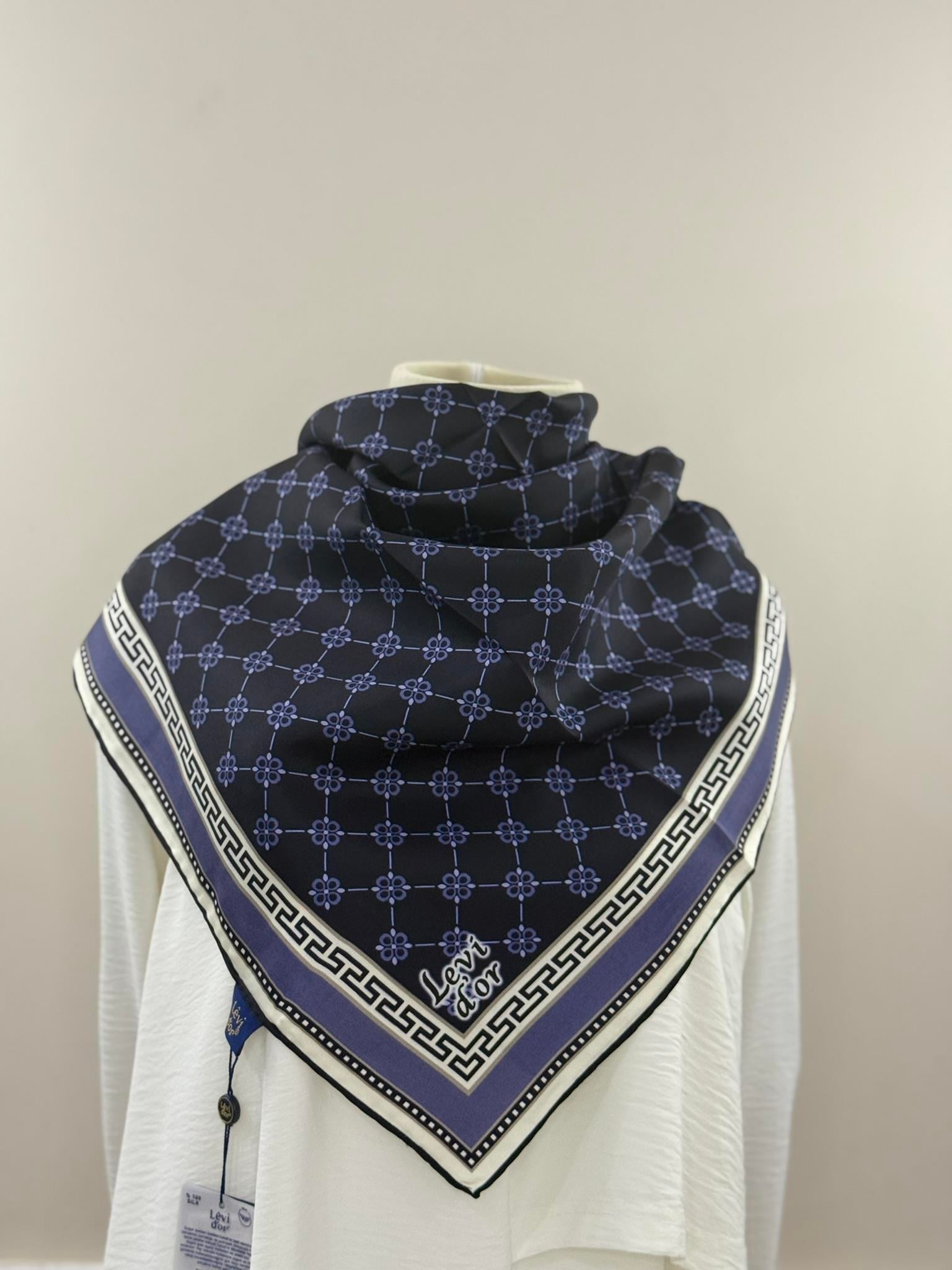 Levidor | Lacivert Geometrik Desen Twill İpek Eşarp