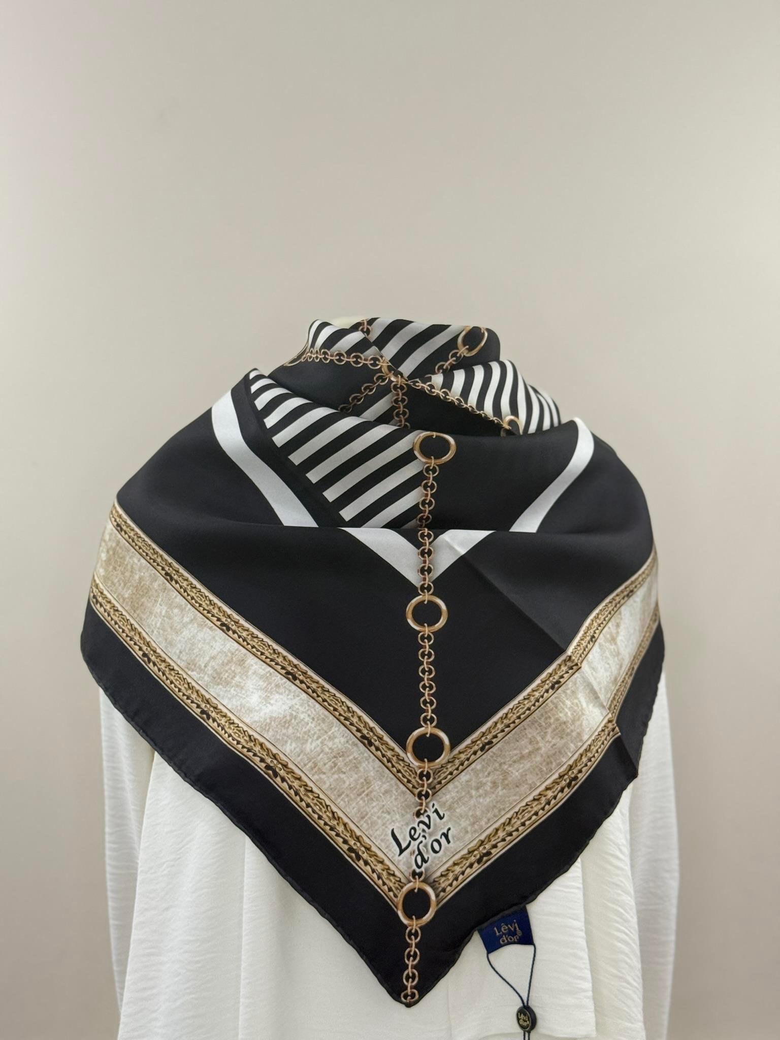 Levidor | Siyah Çizgili Twill Ipek Eşarp