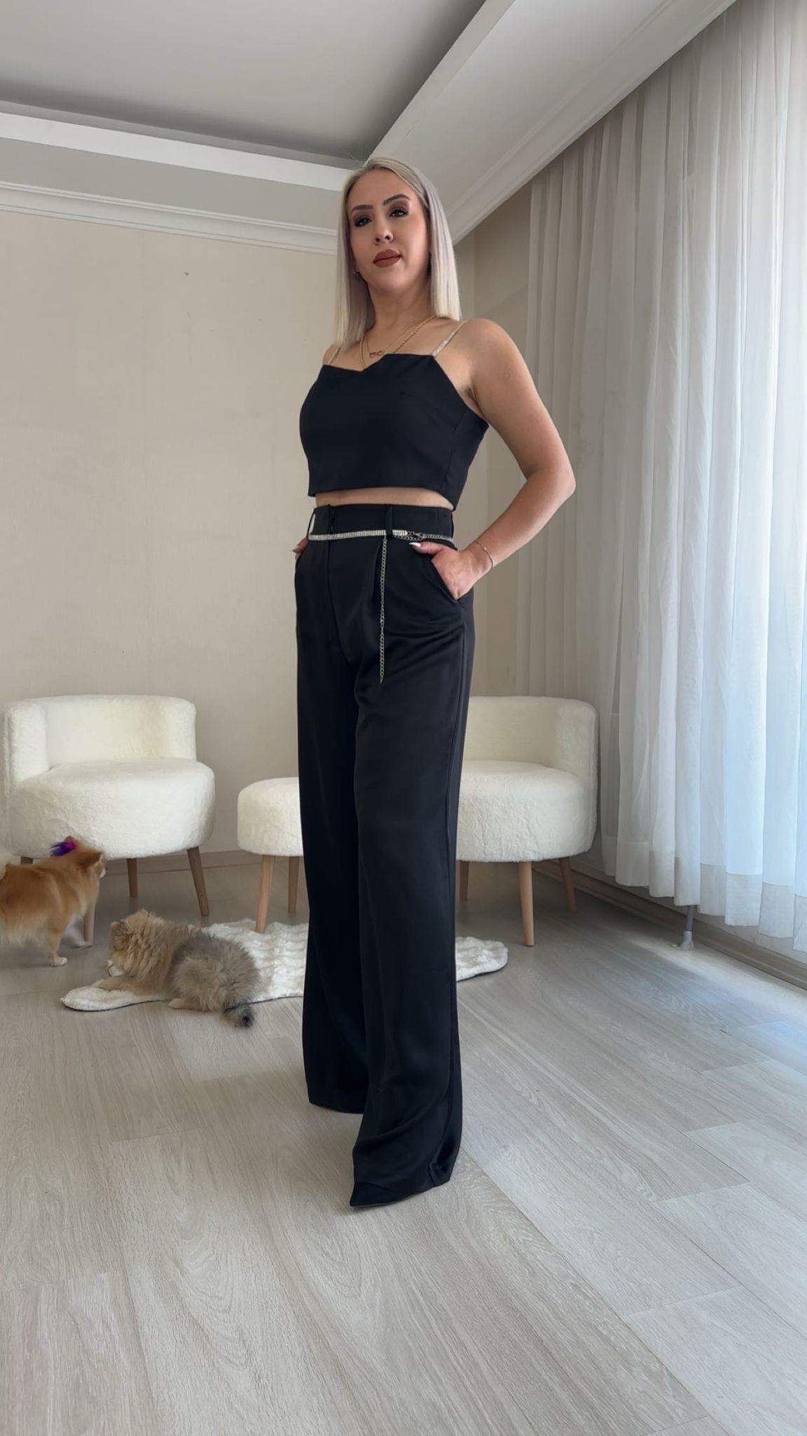 KREP SATEN TAŞ KEMERLİ PANTOLON CROP TAKIM