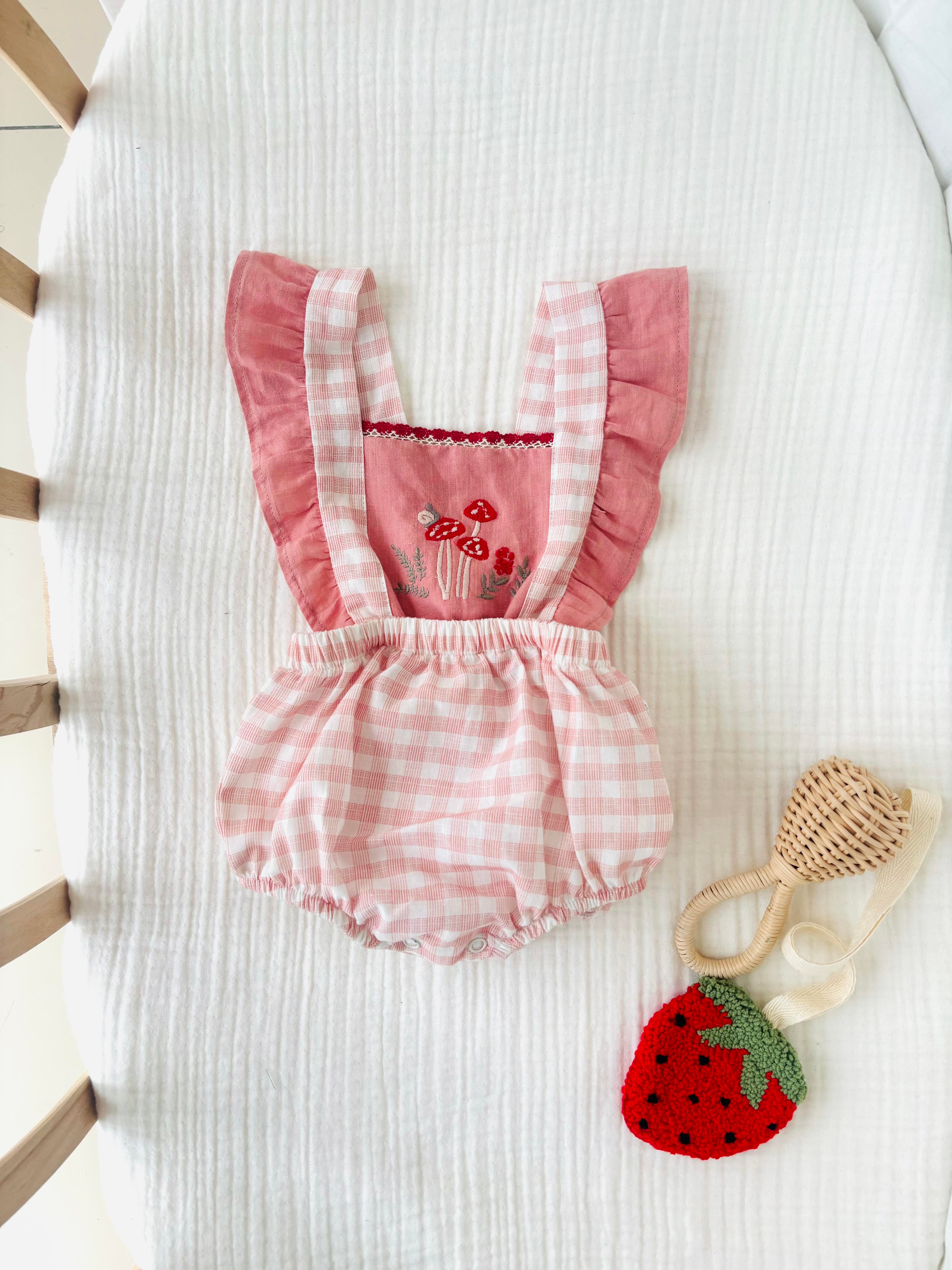 Mantar Nakışlı Romper - Pembe