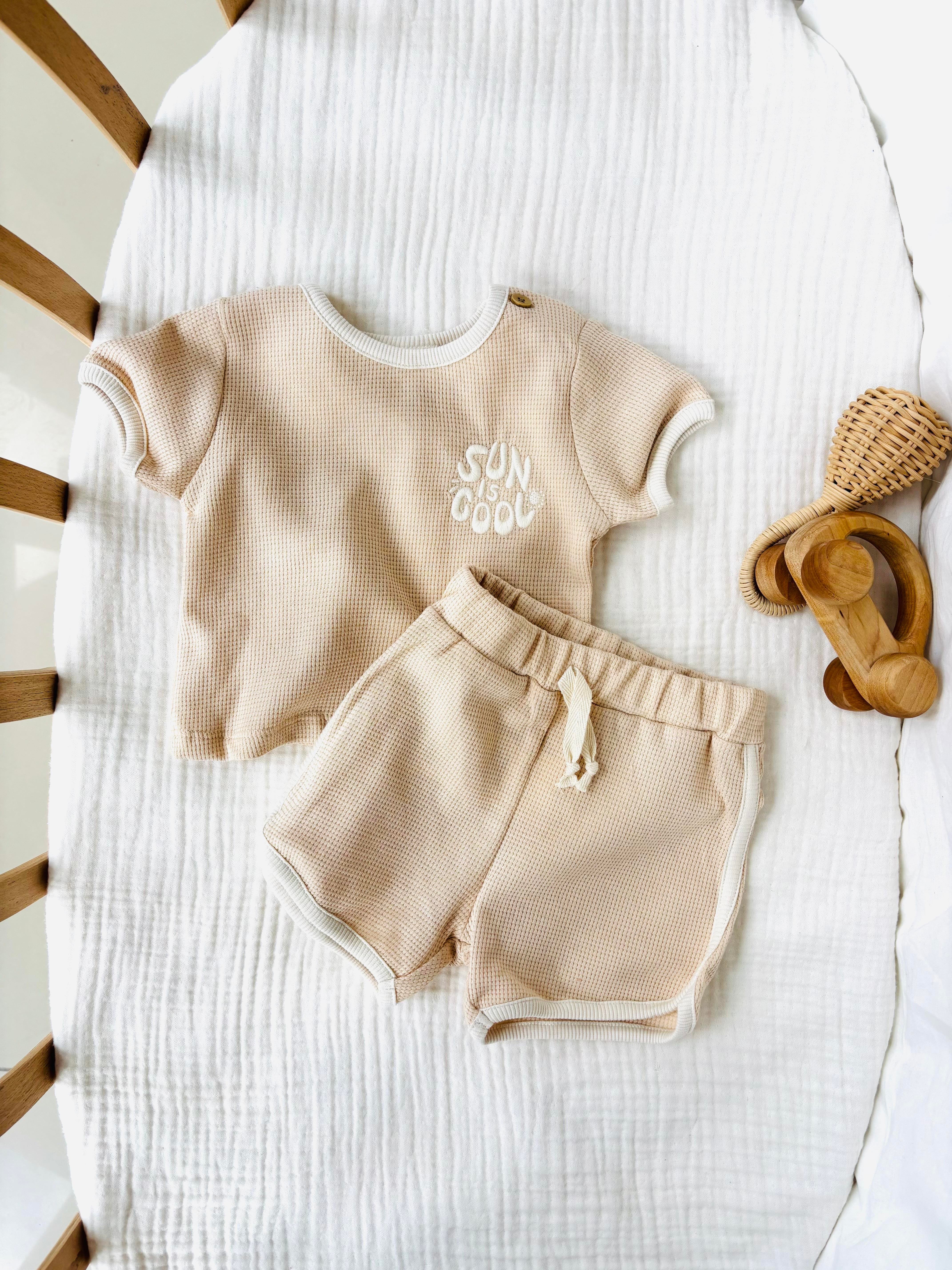 Slogan Nakışlı Waffle Takım - Krem