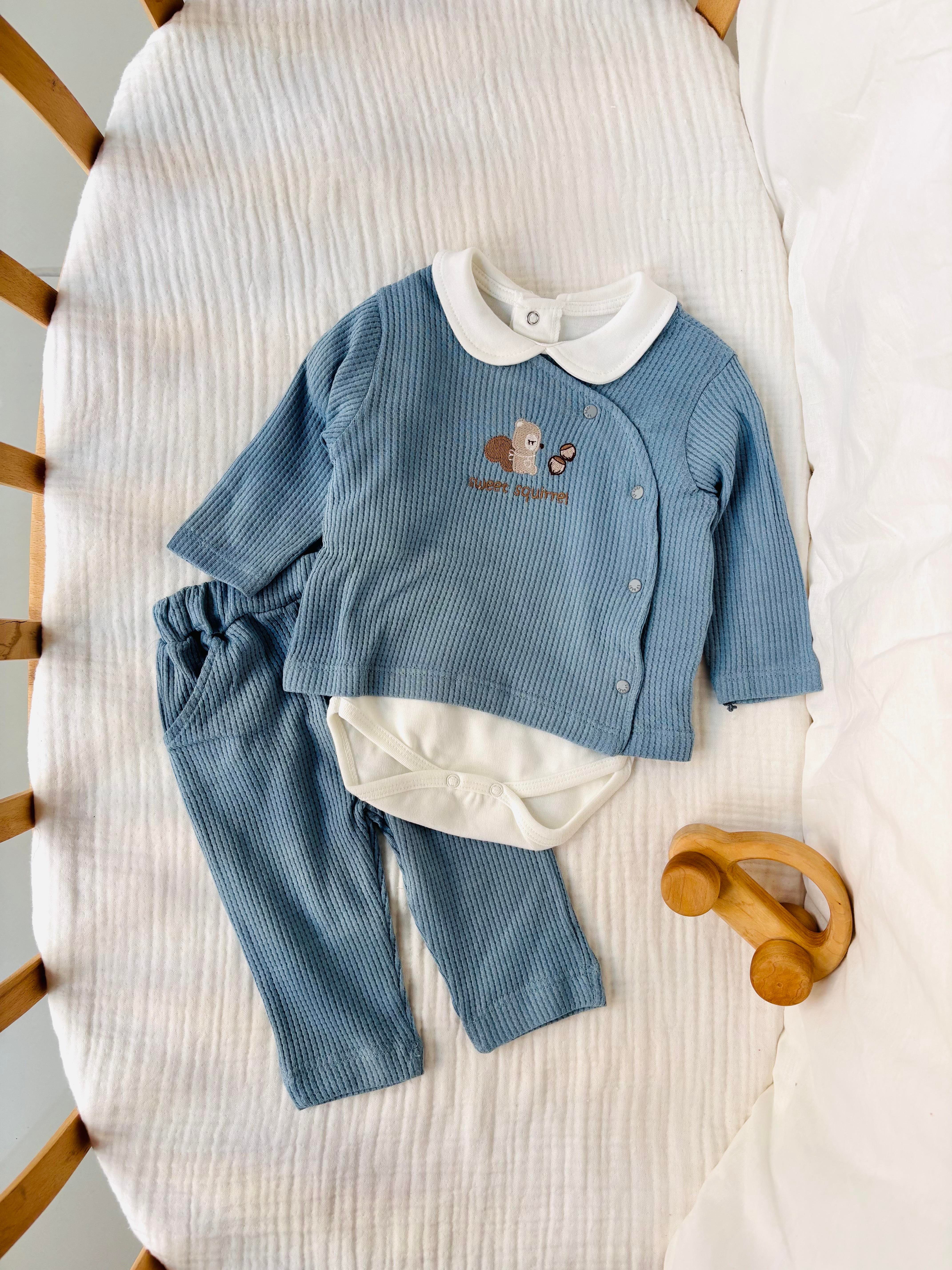 Sweet 3 Parça Waffle Kumaş Takım - Mavi