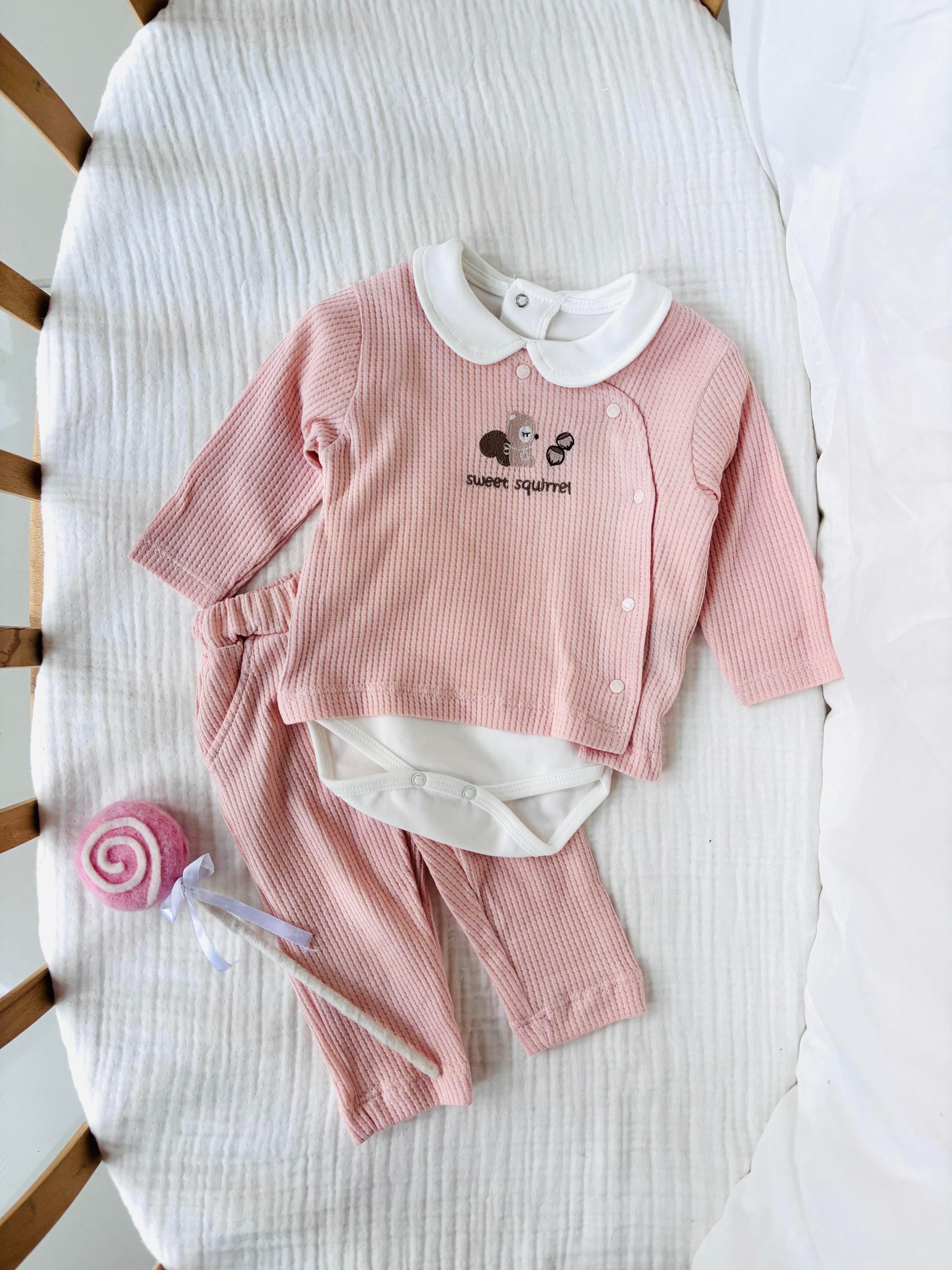 Sweet 3 Parça Waffle Kumaş Takım - Pembe