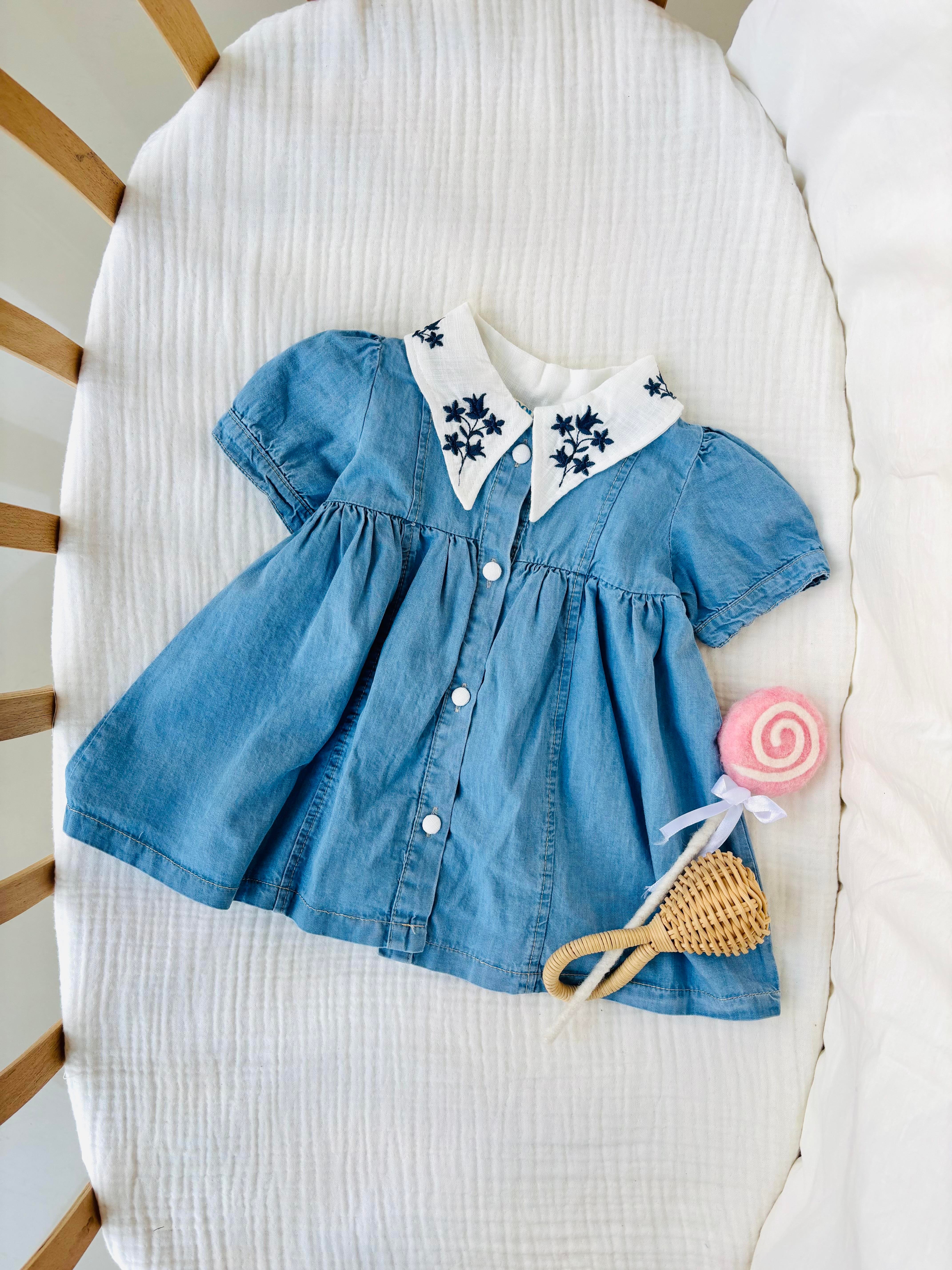 Tanny Yakası Nakışlı Kot Elbise