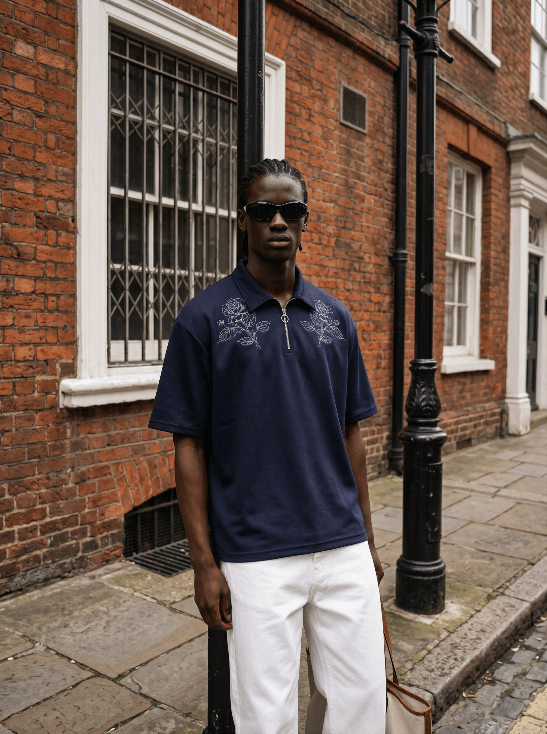 Oversize Çiçek Detaylı Fermuarlı Polo Yaka T-Shirt