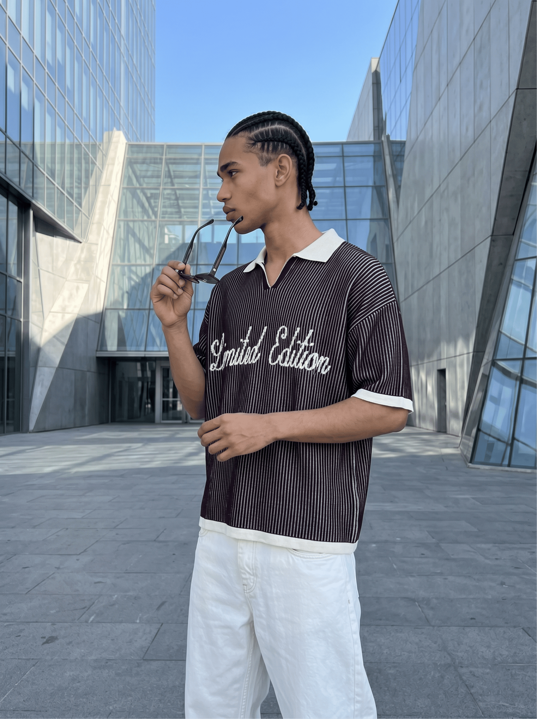 Oversize Polo Yaka Çizgili T-Shirt