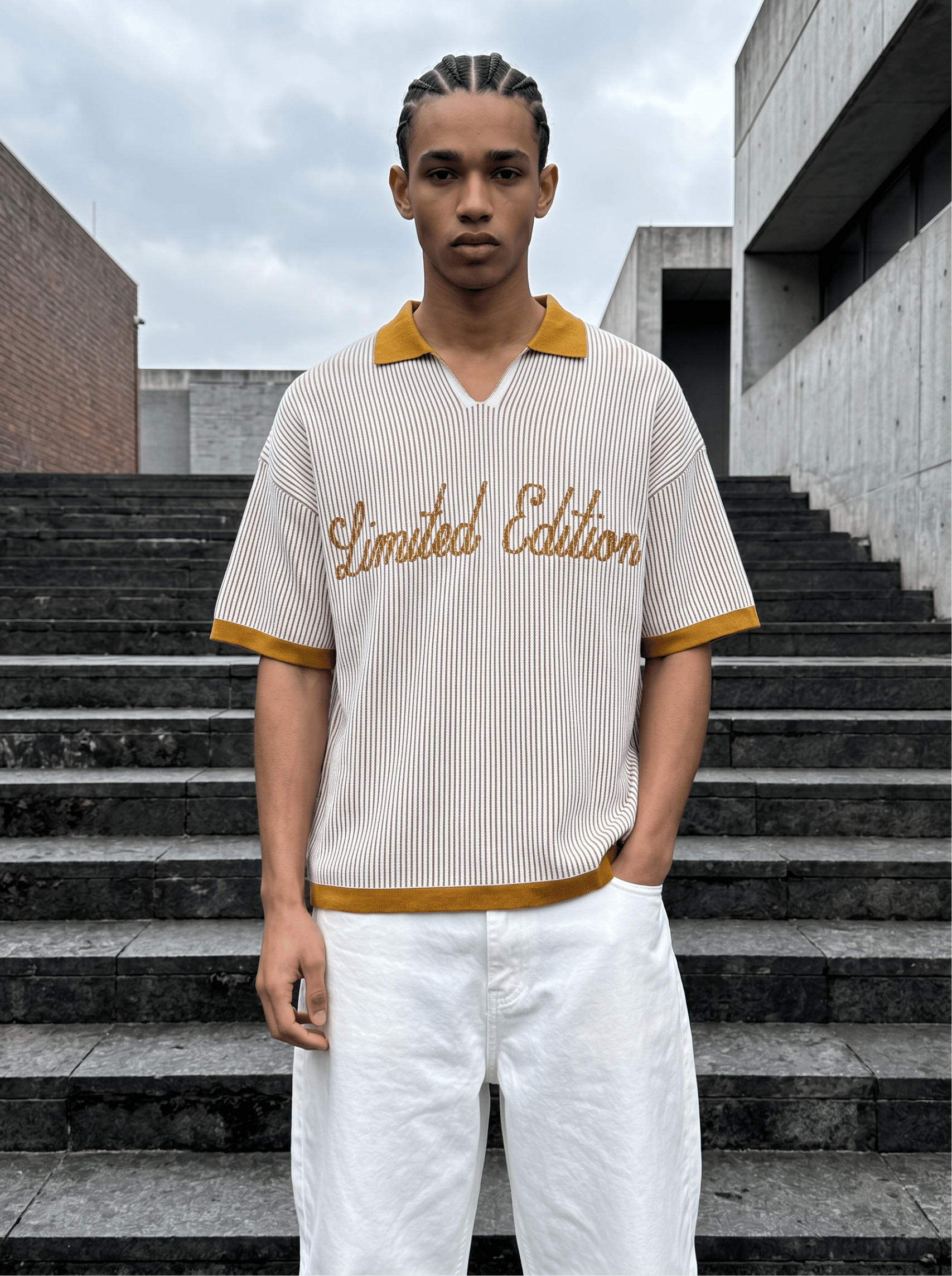 Oversize Polo Yaka Çizgili T-Shirt
