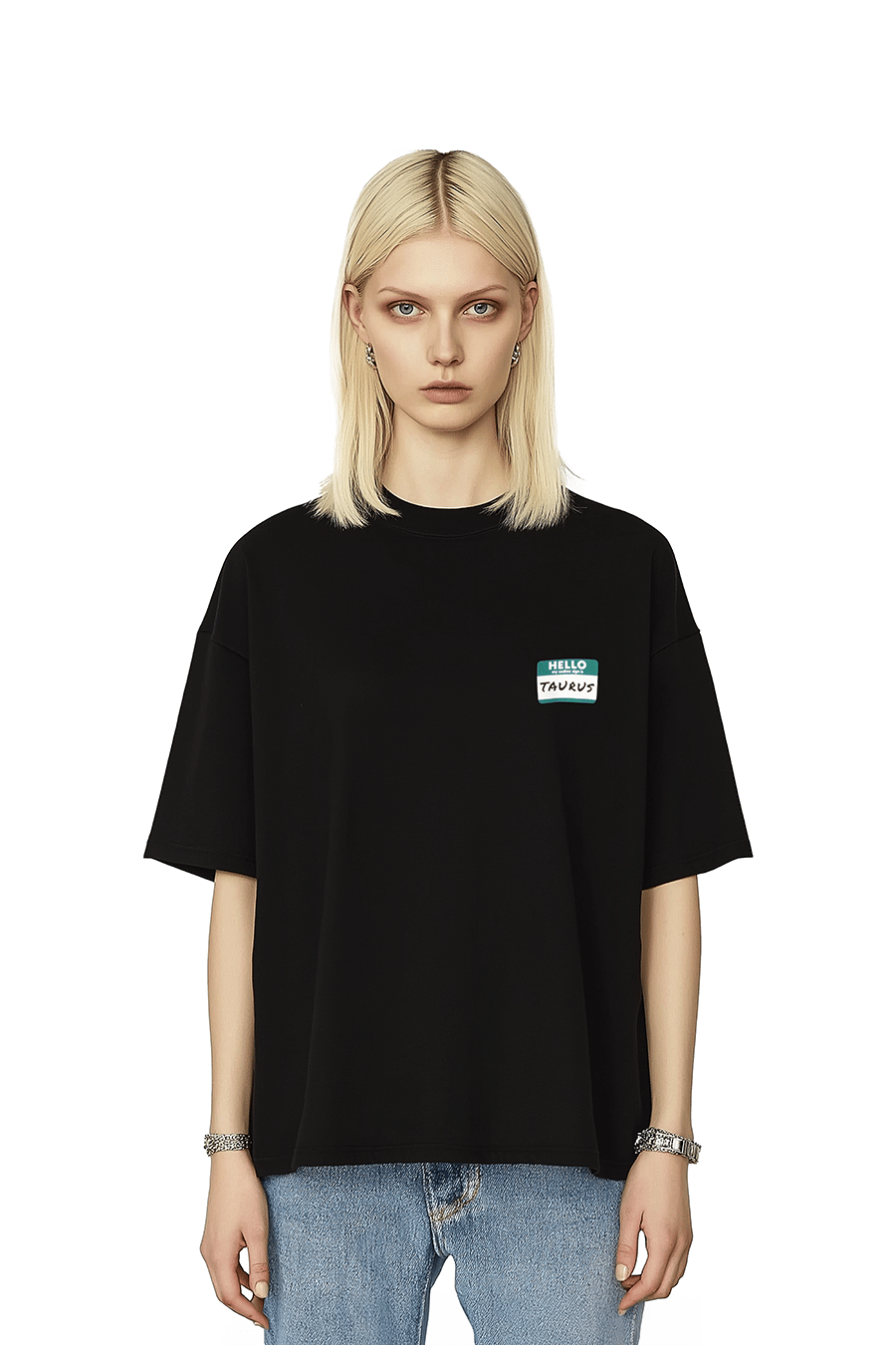 Kadın Oversize Siyah T-Shirt Boğa Burcu