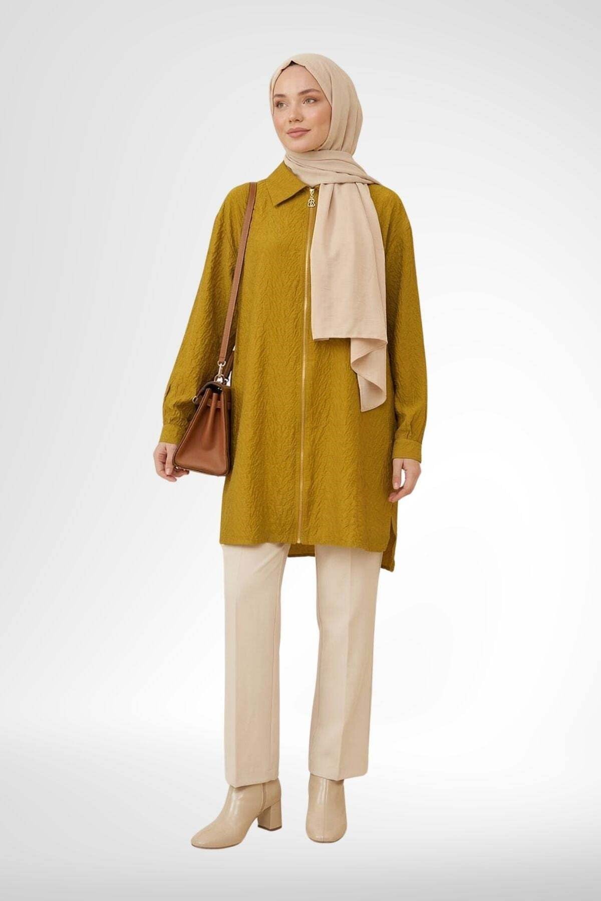 26YT460 Fermuar Detay Kap - Hardal