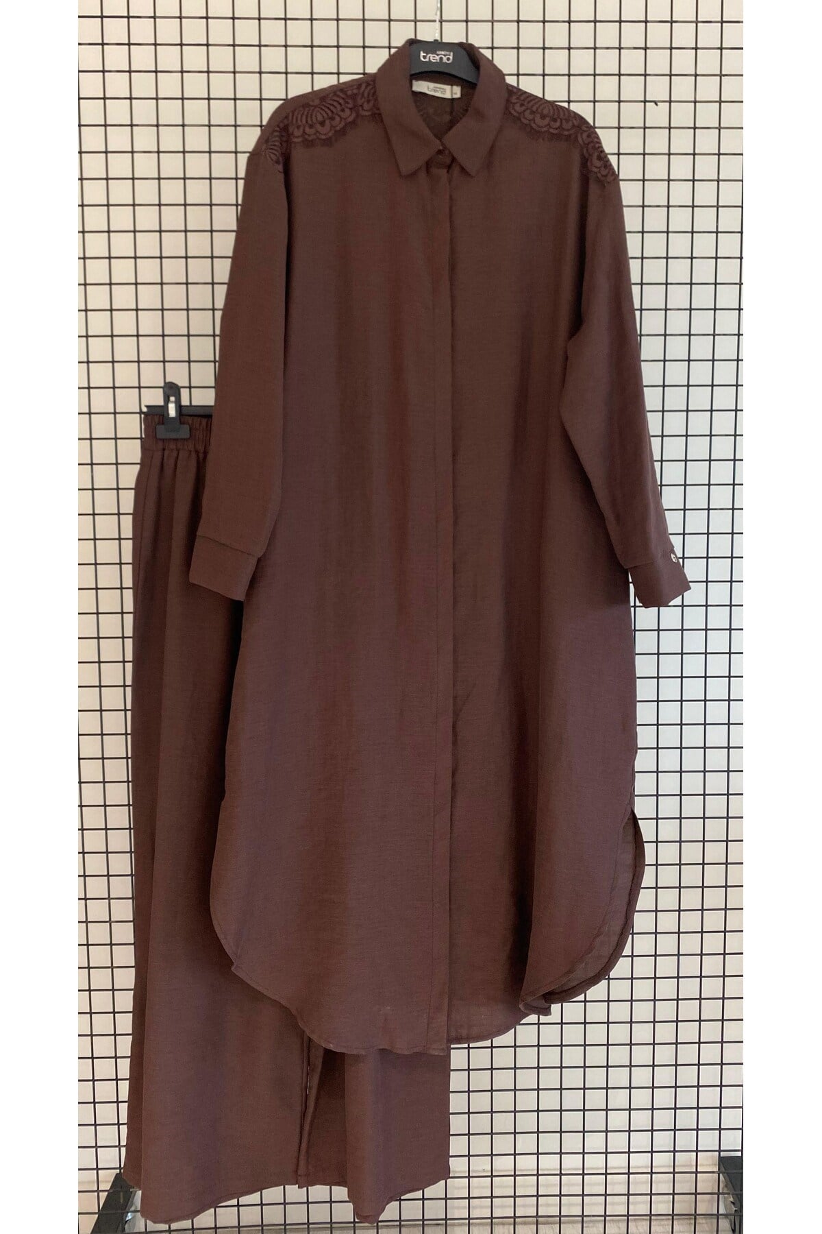 Trend Omuz ve Sırt İşlemeli Oversize Keten Kumaş 120 cm Boydan İkili Takım