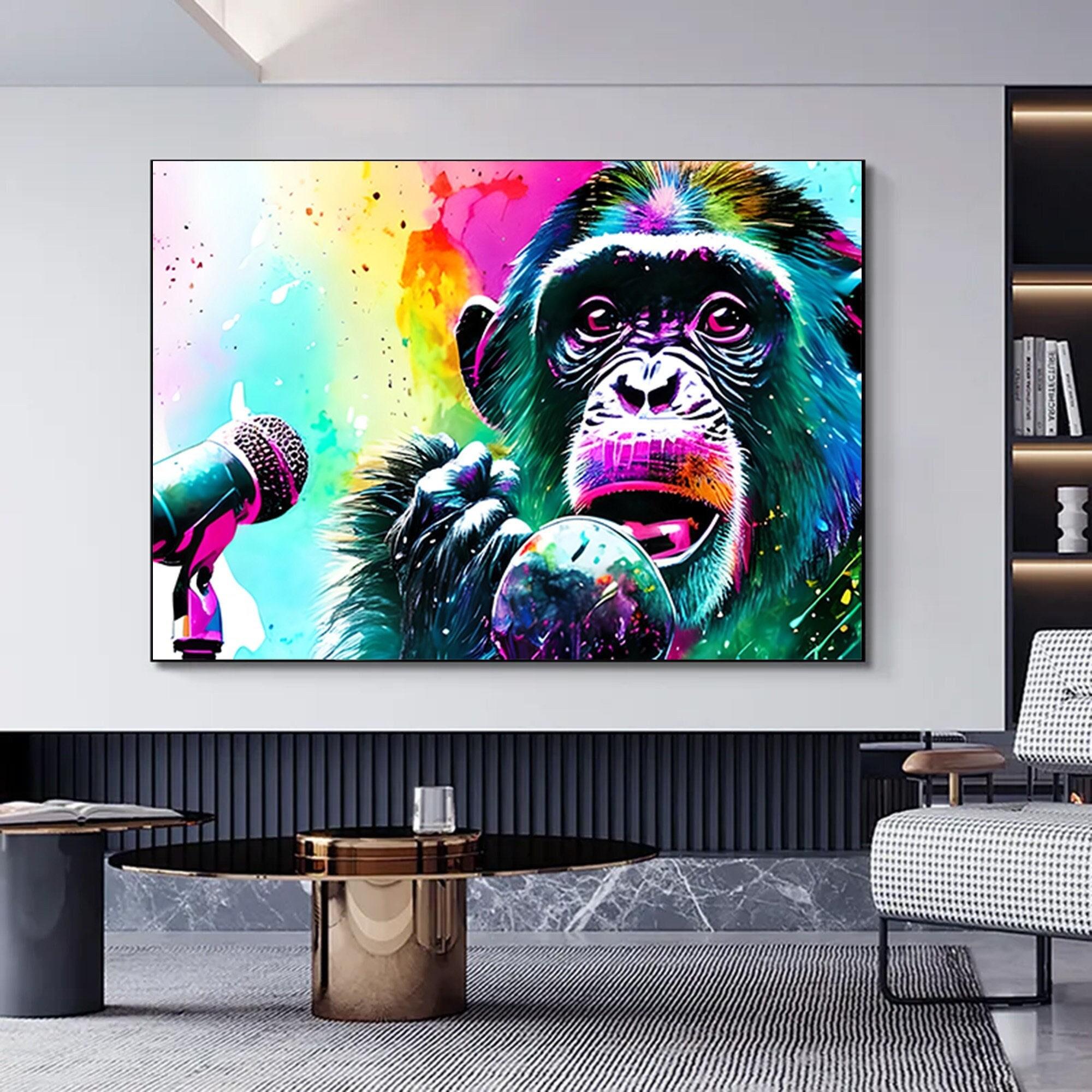 Soyut Graffiti Maymun – Komik Gorilla Duvar Sanatı; Renkli Şempanze Kanvas Dekor