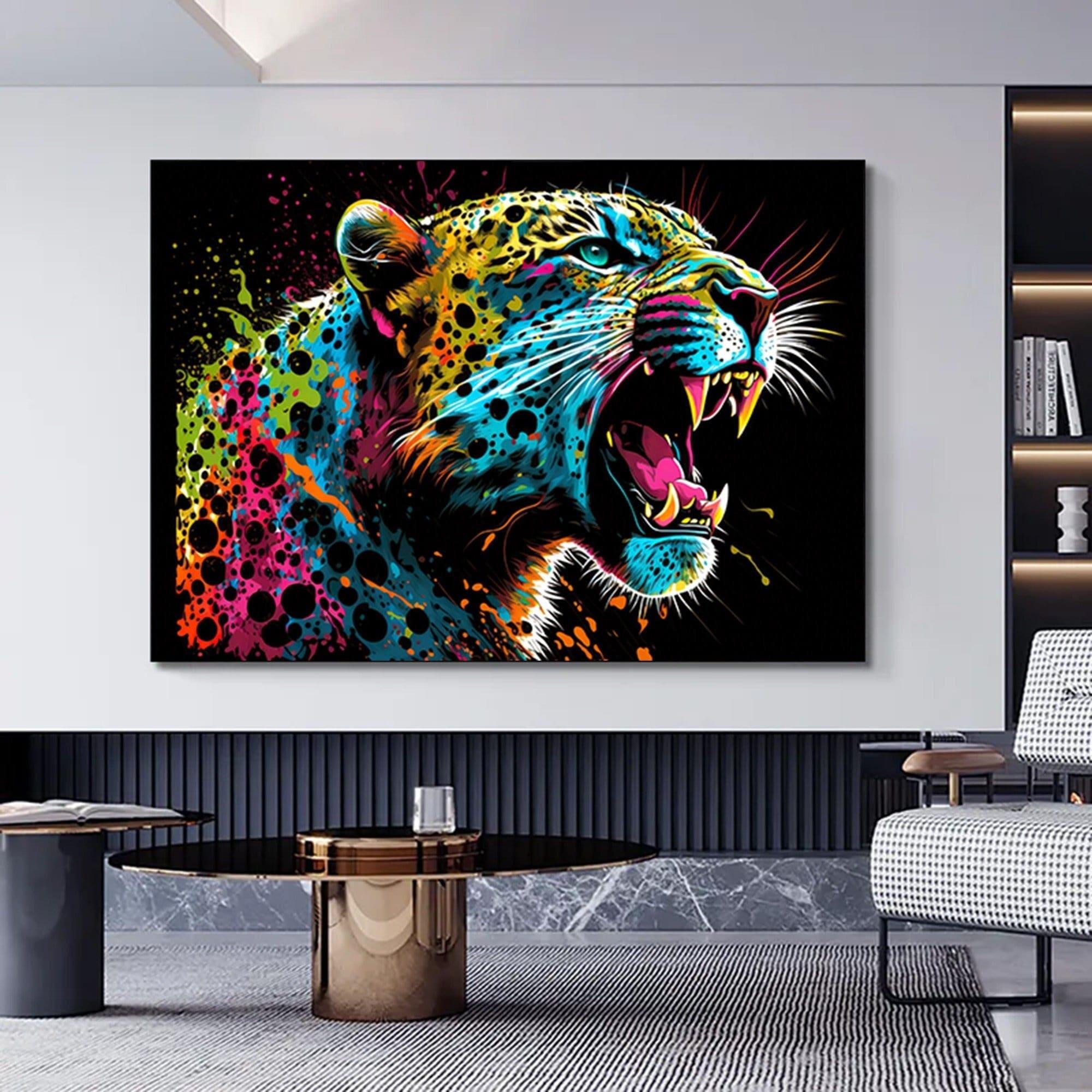 Renkli Soyut Jaguar Tablosu, Boya Sıçramalı Büyük Kedi Orman Duvar Sanatı