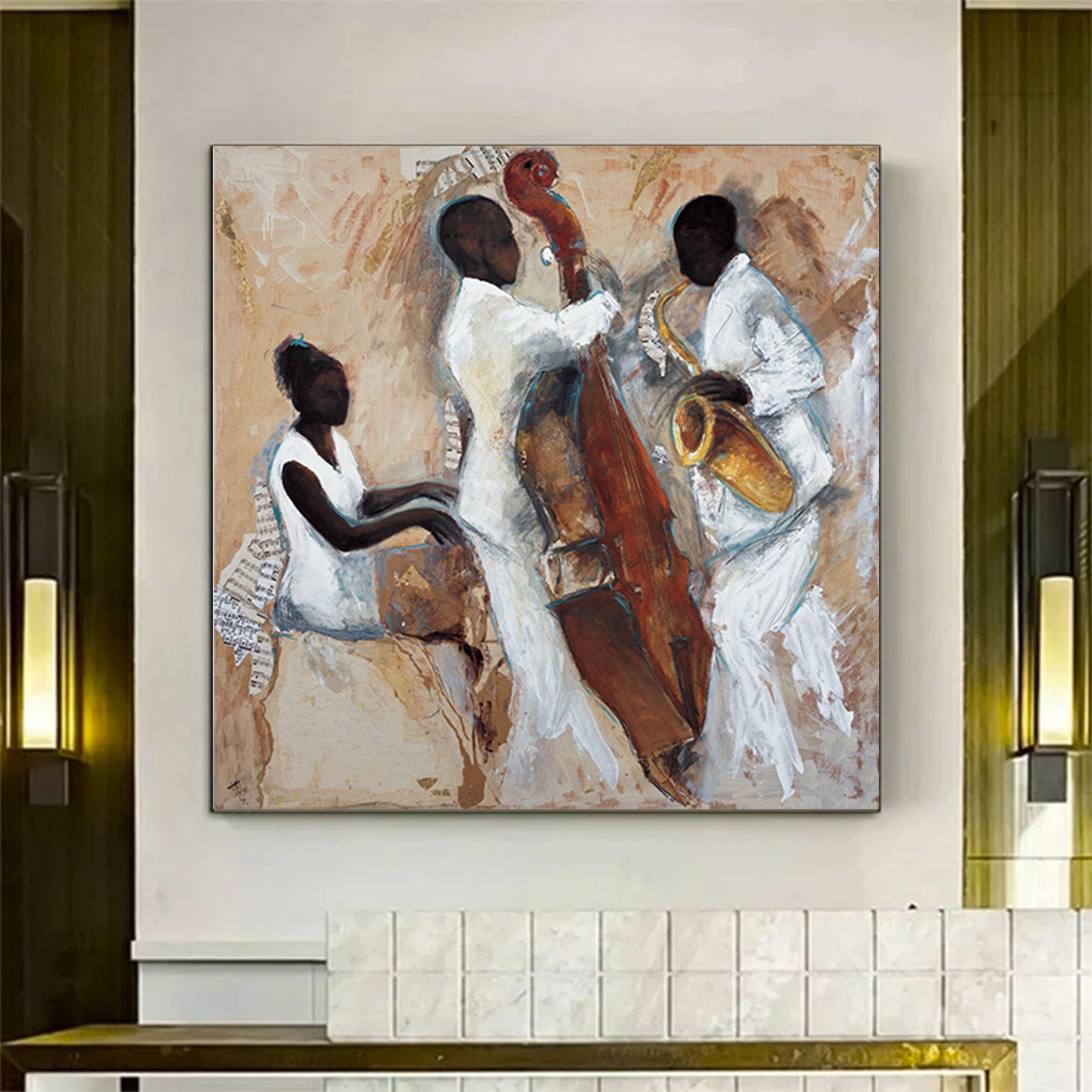 Afrika Caz Sanatı; Afrika Kanvası; Caz Duvar Sanatı; Caz Yağlı Boya Kanvas; Piyanist Duvar Sanatı; Müzisyen Kanvas; Saksafon Kanvas