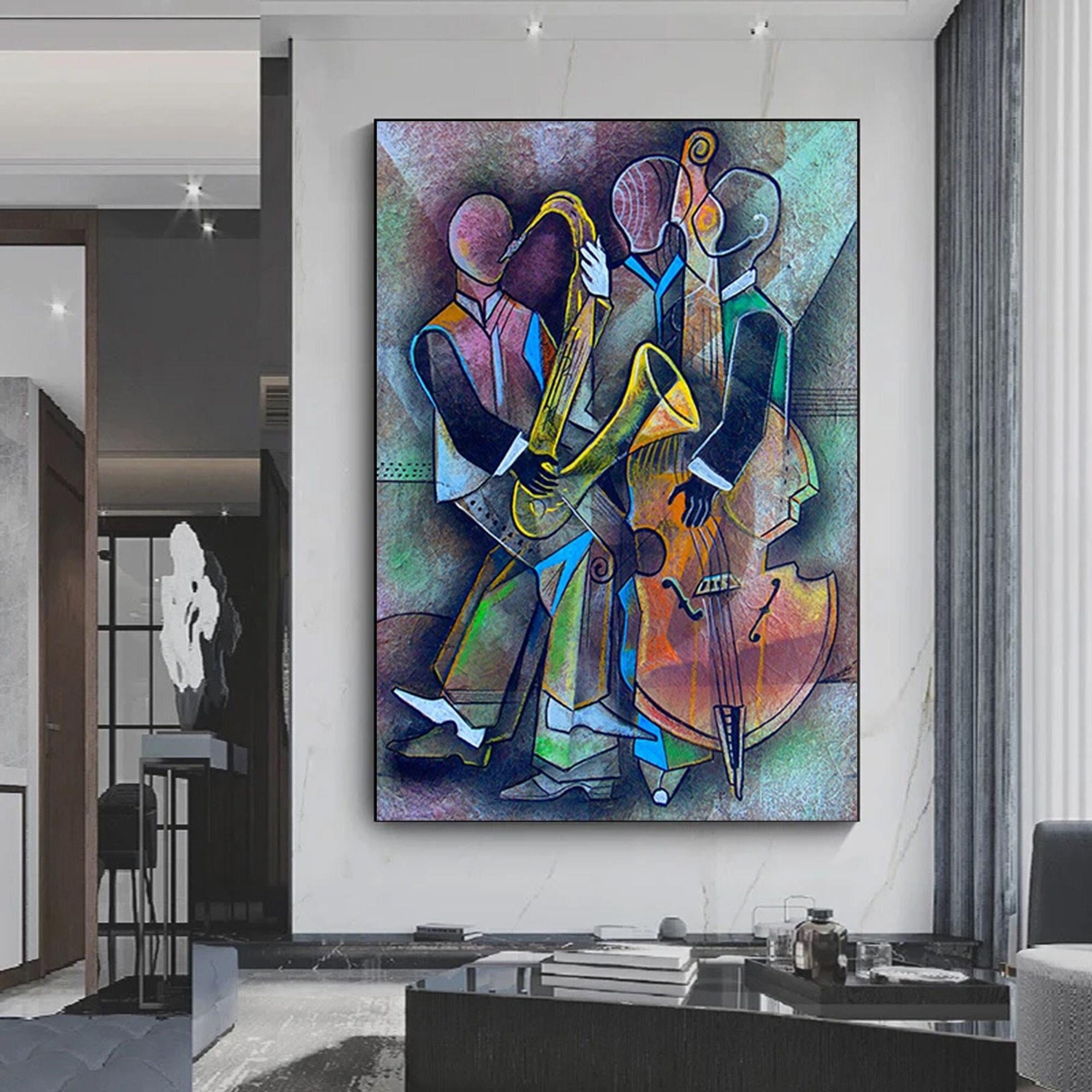 Kübizm Portre Pikaso Tarzı Tablo; Çerçeveli Picasso Tarzı Müzik ve Caz Duvar Dekoru; Picasso Tarzı Baskı; Asmaya Hazır!