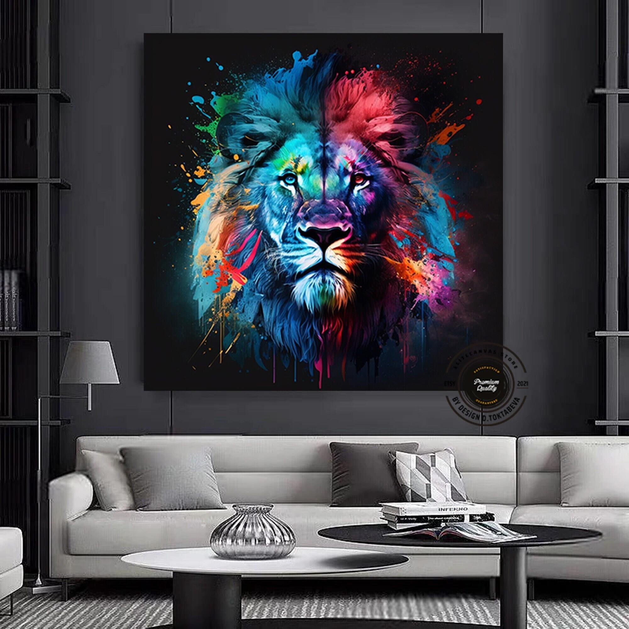 Pop Art Aslan Duvar Sanatı Kanvas; Soyut Hayvan Sanatı Baskısı; Renkli Aslan Tablosu; Soyut Aslan Baskısı; Graffiti Sanat Kanvas