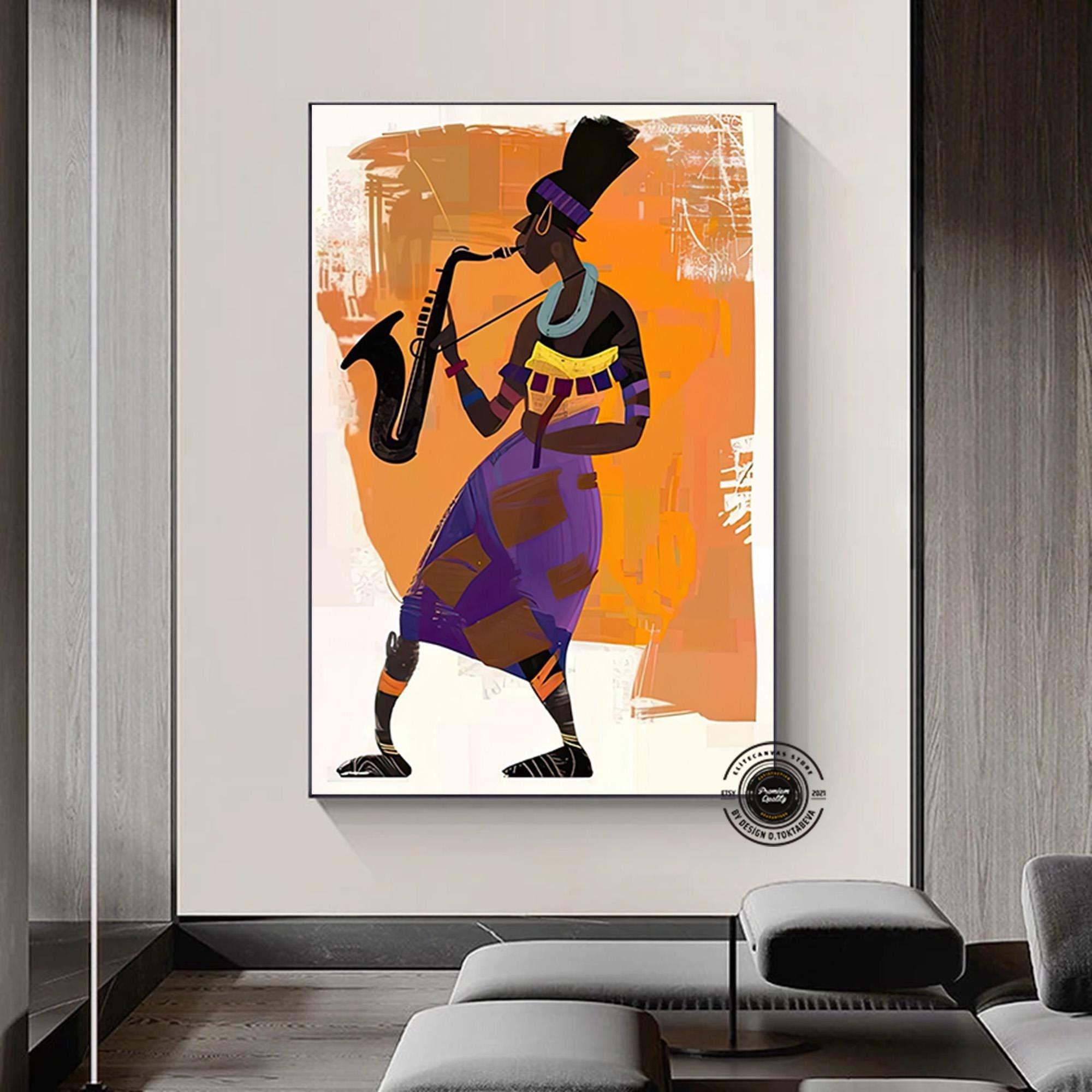 Caz Saksafoncu Kadın Kanvas Sanatı; Afrikalı Kadın Duvar Dekoru