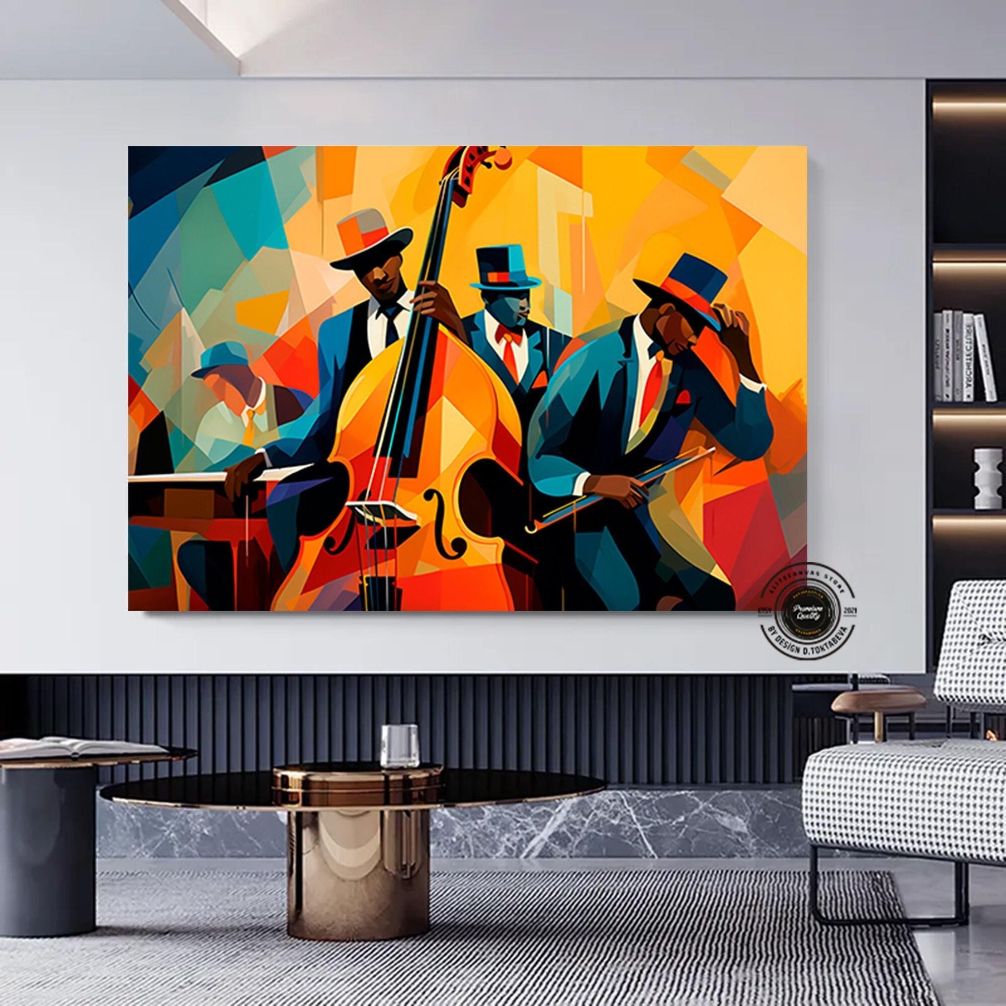 Siyah Caz Müzik Kanvas Baskısı, Afro-Amerikan Caz Kulübü Sanatı, Caz Tablosu, Orkestra Kanvası