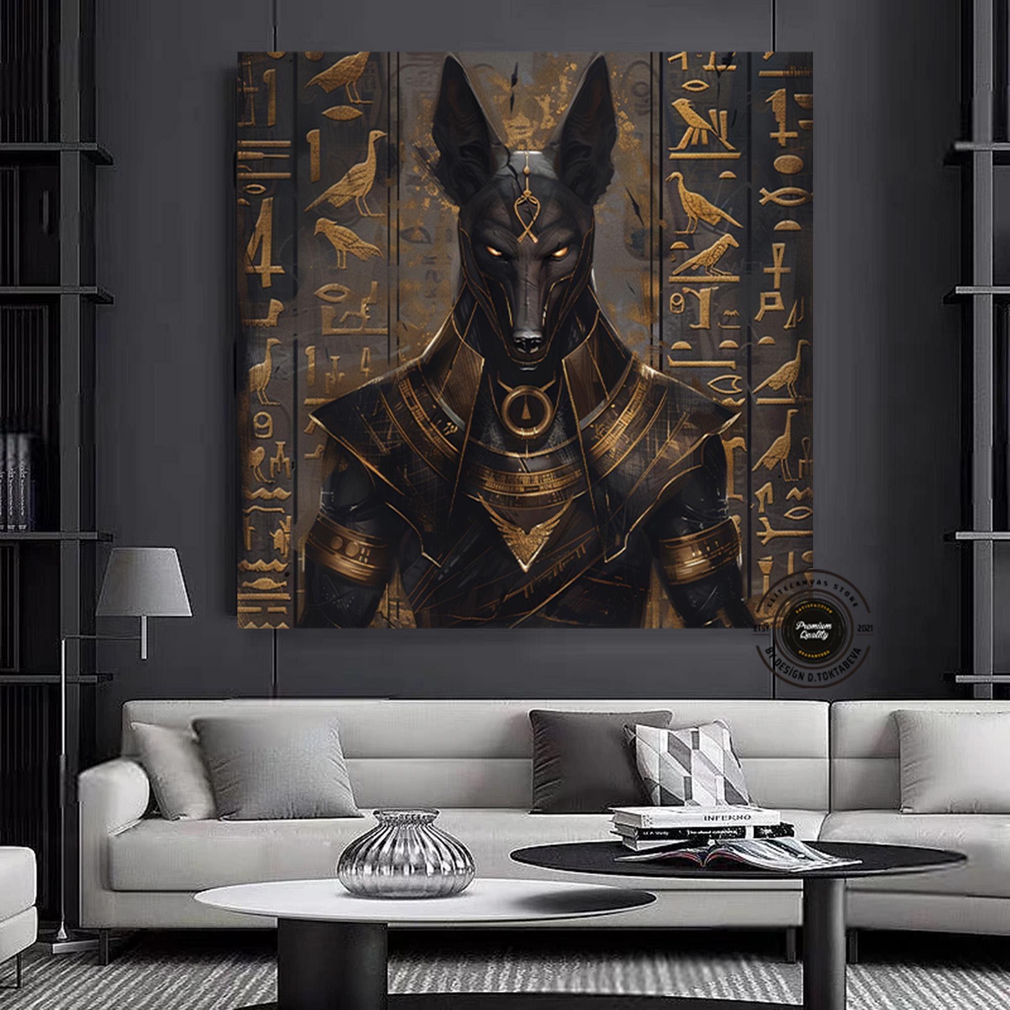 Mısır Tanrısı Anubis Duvar Sanatı, Anubis Çerçeveli Kanvas, Mısır Etnik Duvar Sanatı, Mısır Mitolojisi Kanvası, Antik Dönem Beyaz Çerçeveli Kanvas