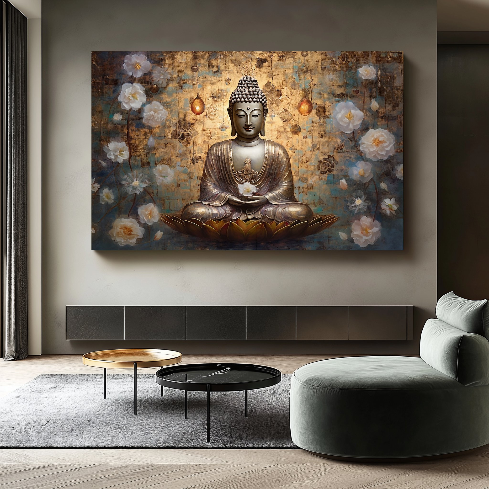 Buda ve Nilüfer Çiçekleri Temalı Kanvas Tablo, Meditasyon ve Zen Sanatı Duvar Dekoru