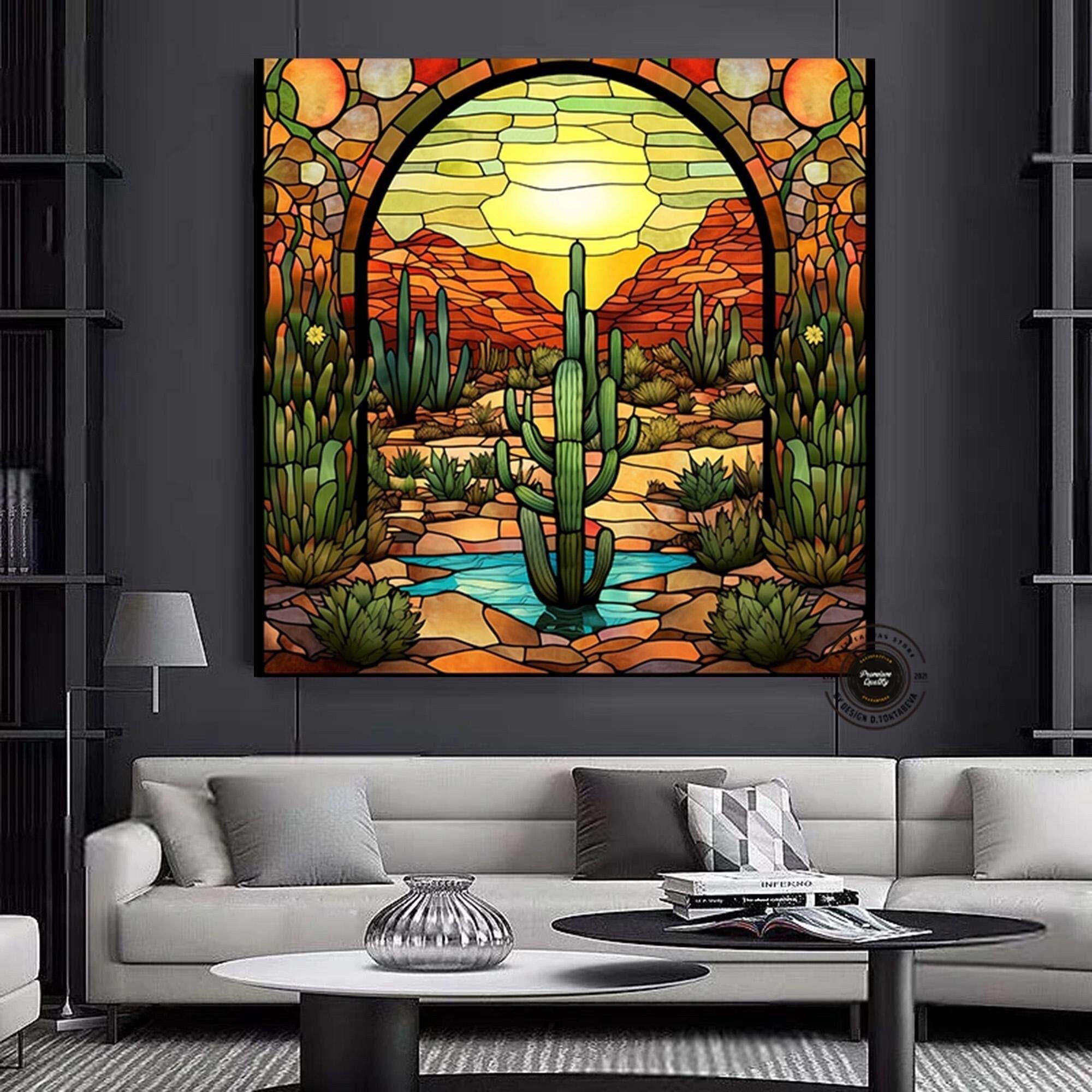 Saguaro Kaktüs Duvar Sanatı, Vitray Tarzı Sonoran Arizona Çöl Resmi Tuval Baskısı, Güneybatı Sanatı Asmaya Hazır