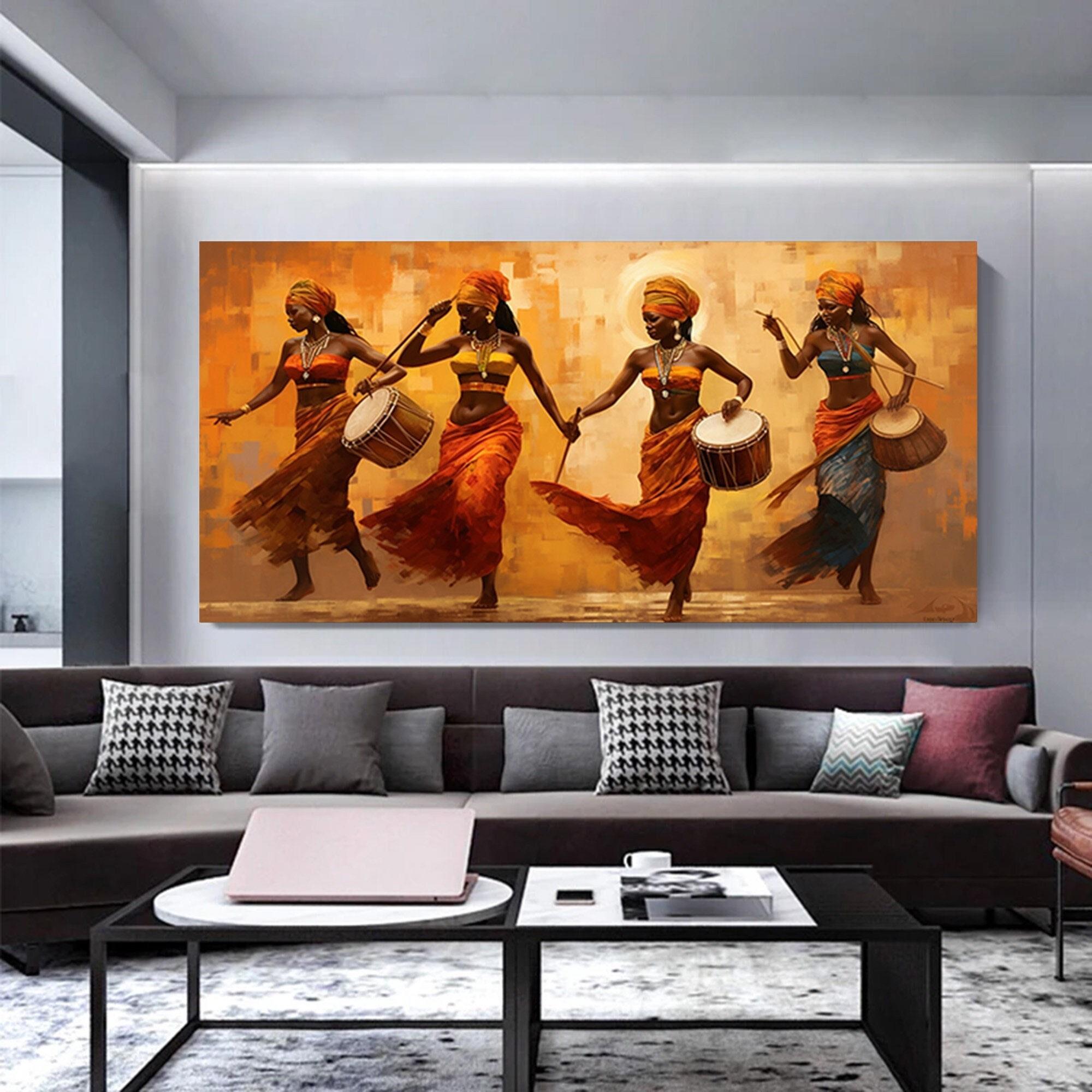Renkli Afrikalı Kızlar ve Müzisyenler Kanvas – Etnik Müzik ve Dans Teması; Afrikalı Kızlar Stili