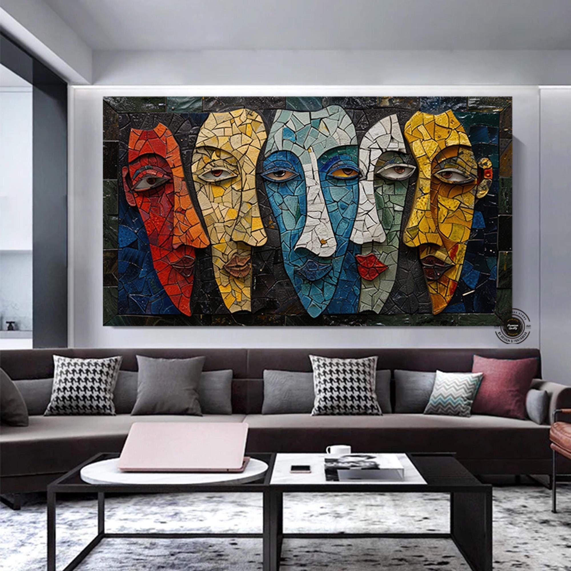 Modern Kübizm Sanat Baskısı, Renkli Yüzler Duvar Sanatı, Kübizm Duvar Sanatı Baskıları, Renkli Soyut Sanat Baskısı, Çağdaş Duvar Sanatı Tuvali