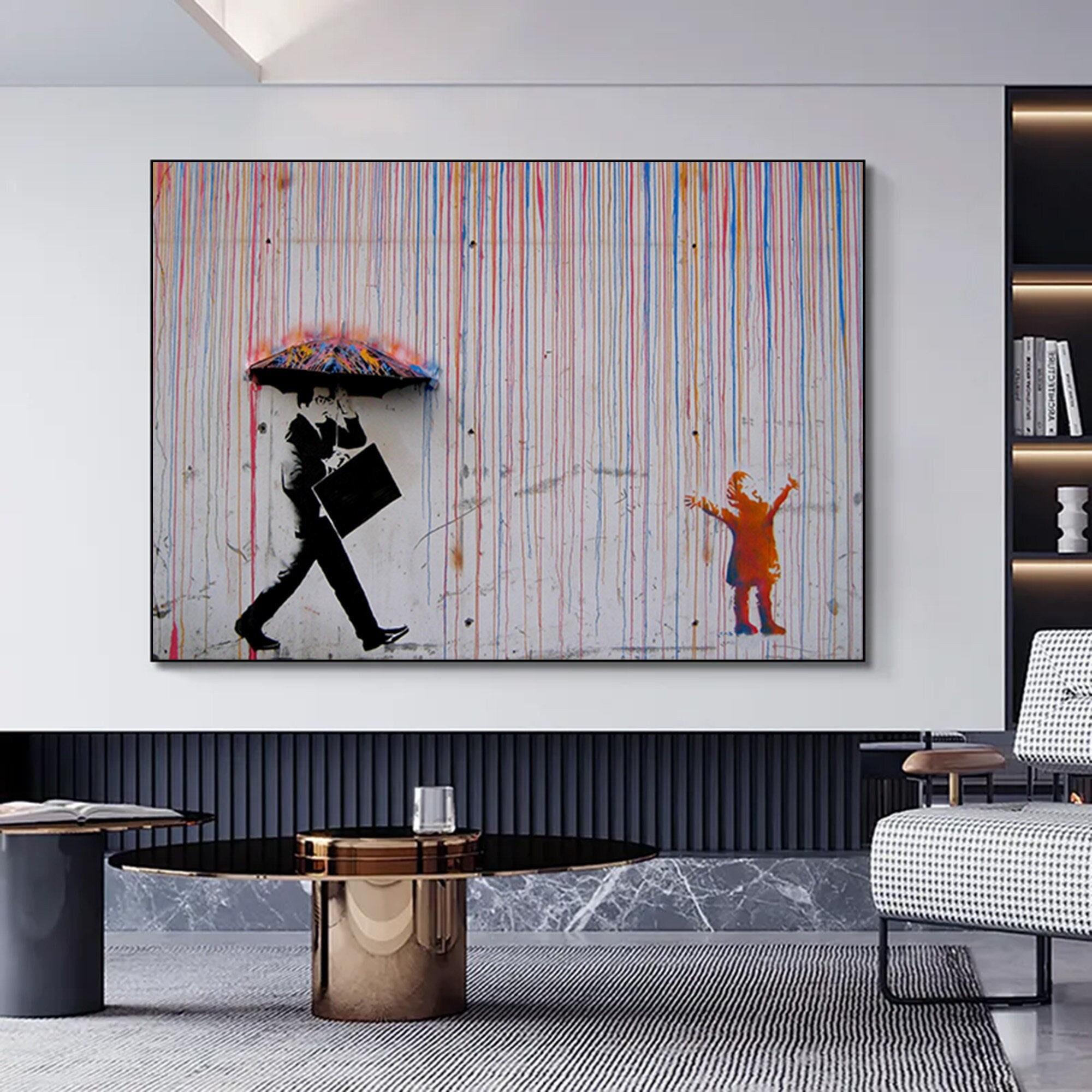 Banksy Yağmur Sanatı Kanvas; Gökkuşağı Yağmur