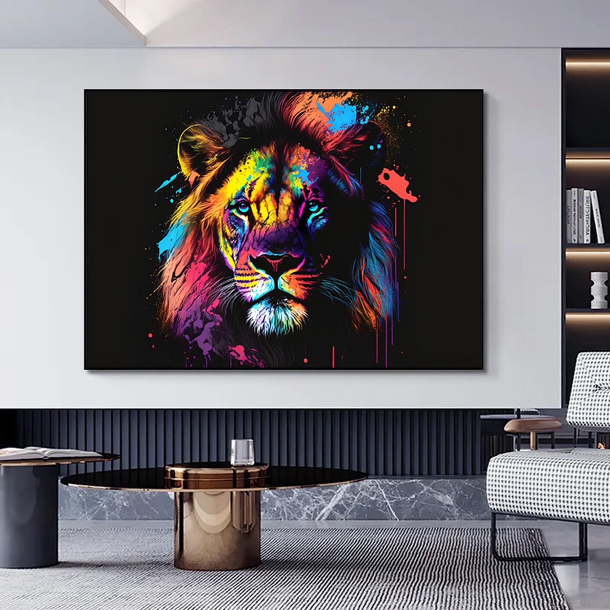 Pop Art Stilde Soyut Aslan Baskısı, Çok Renkli Aslan Tablosu