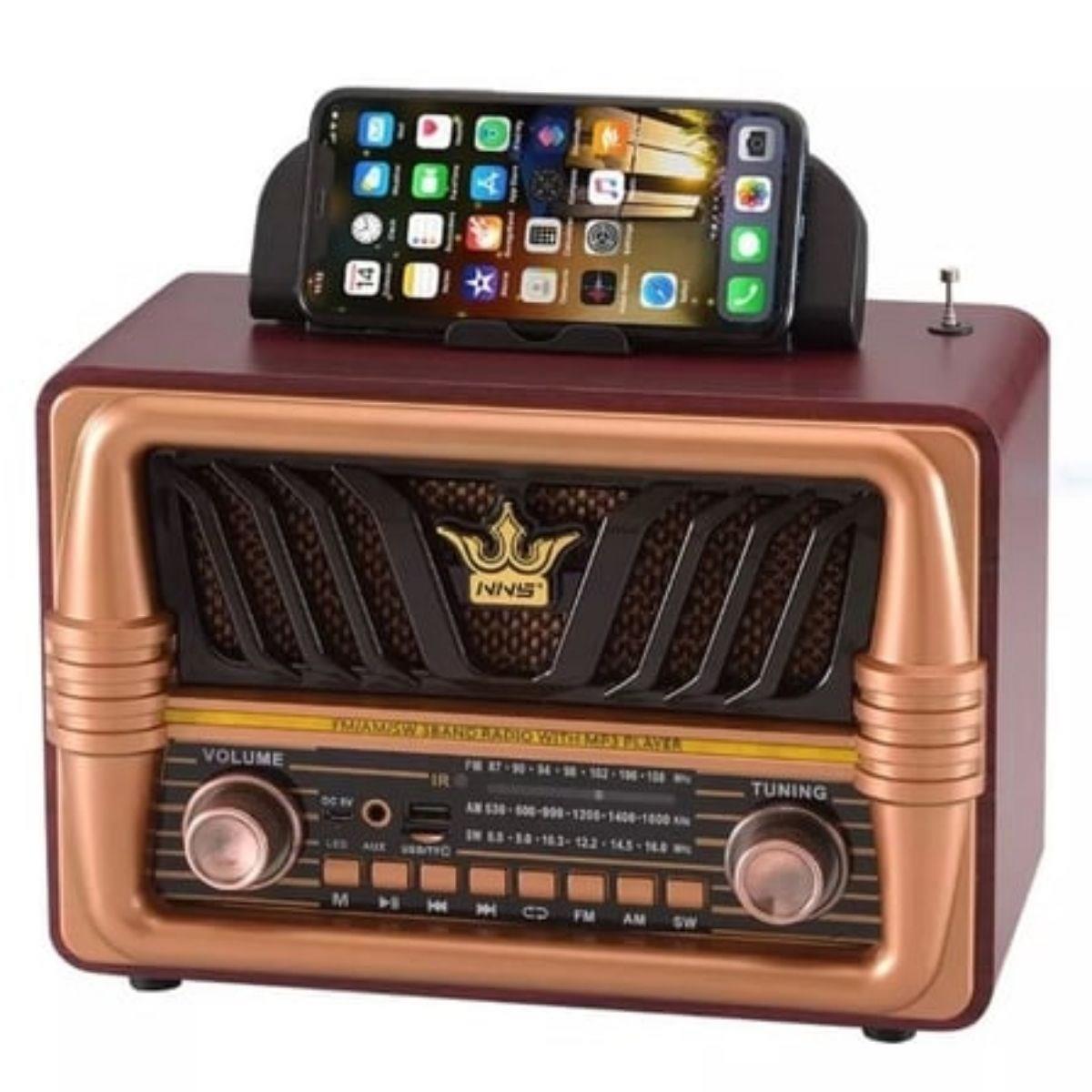 BUFFER® Büyük Boy Telefon Tutma Saplı Retro Ahşap Tasarım Bluetooth Hoparlörlü Radyo – FM/AM Destekli, Şarjlı ve Taşınabilir Radyo NS-8077