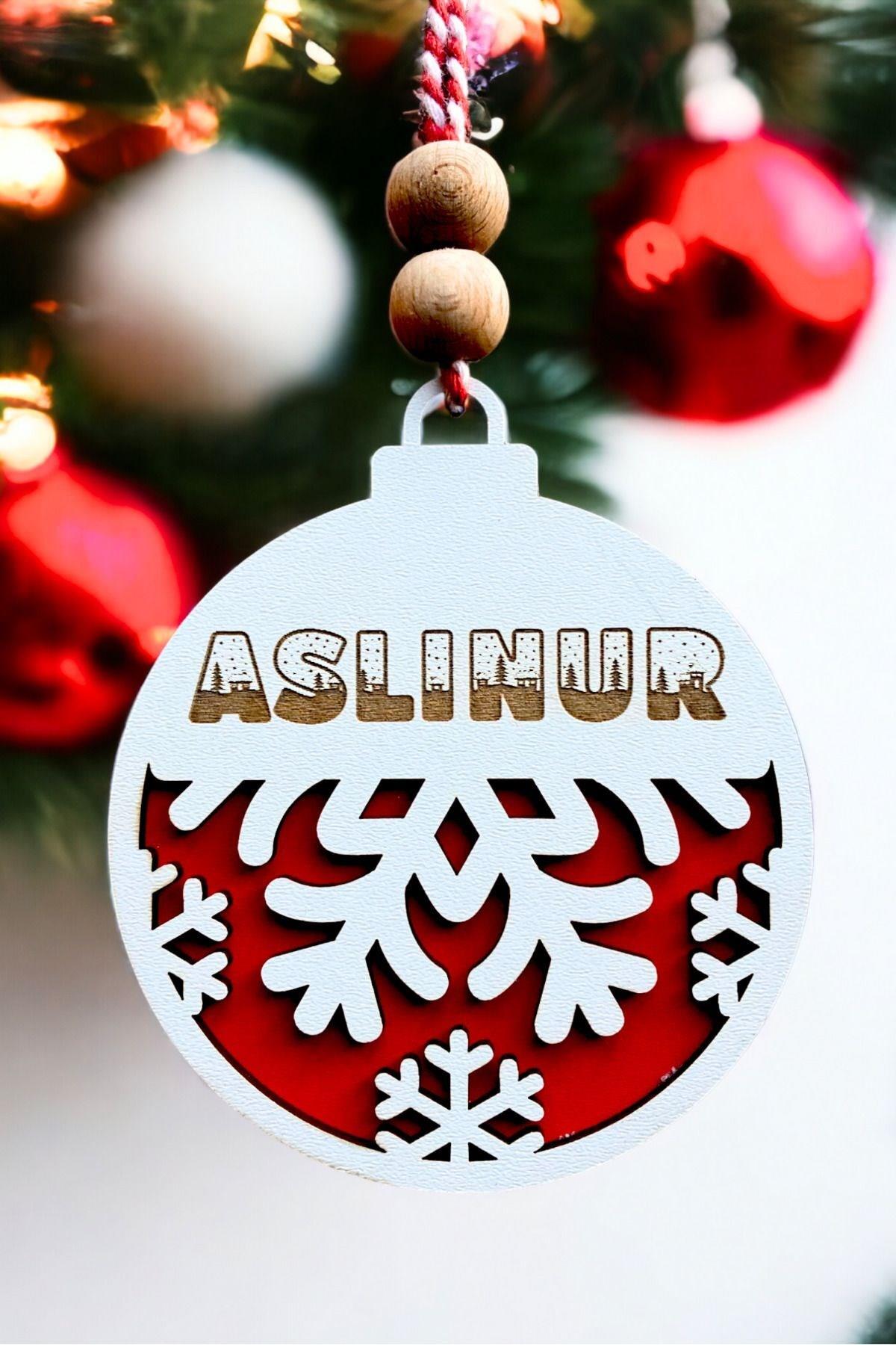 Kişiselleştirilebilir İsim Yazılabilir Kar Tanesi Desenli Kırmızı Beyaz Yılbaşı Ağaç Süsü, Noel Süsü