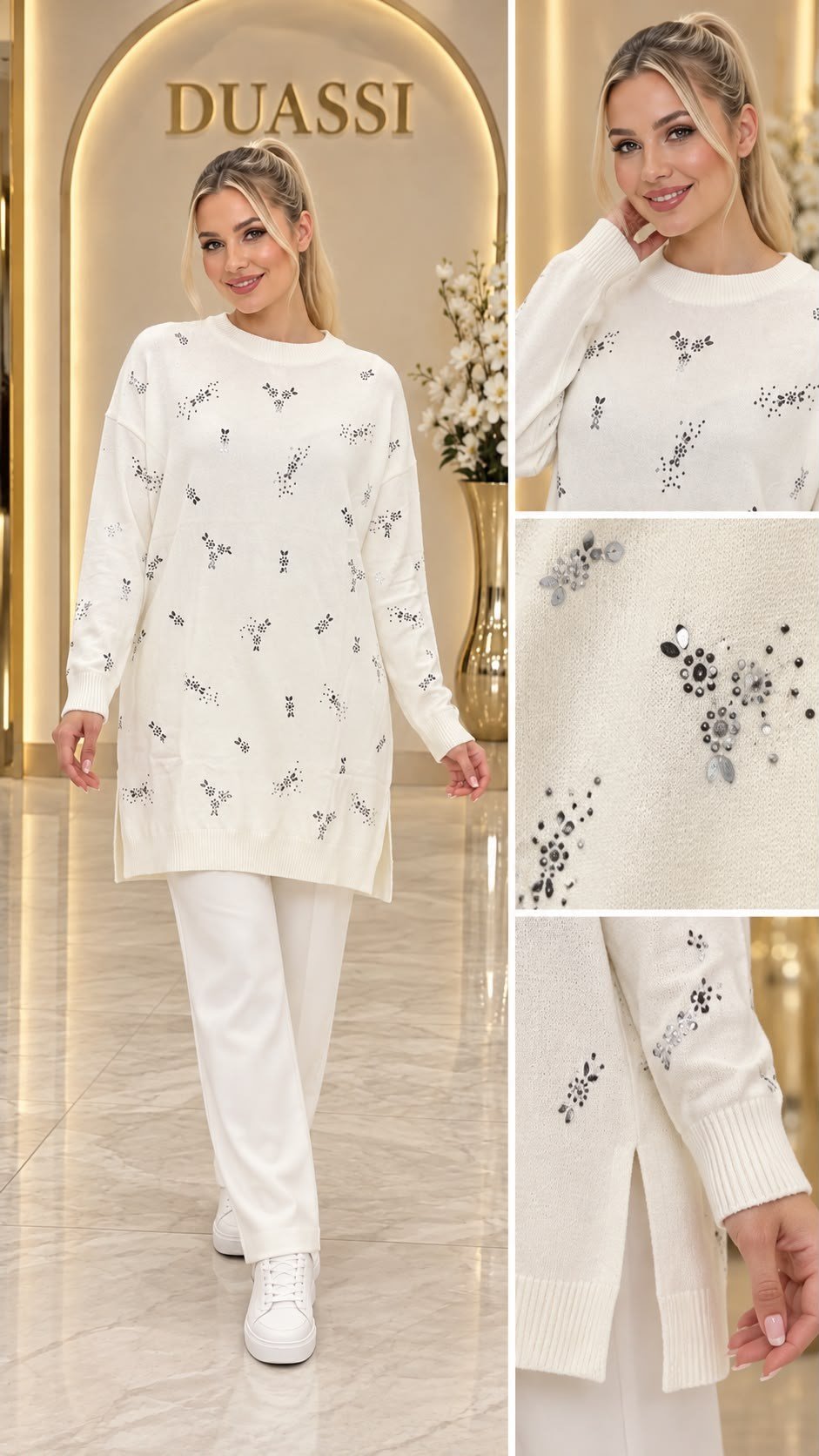 21818 Serpme Çiçek Taşlı Tunik