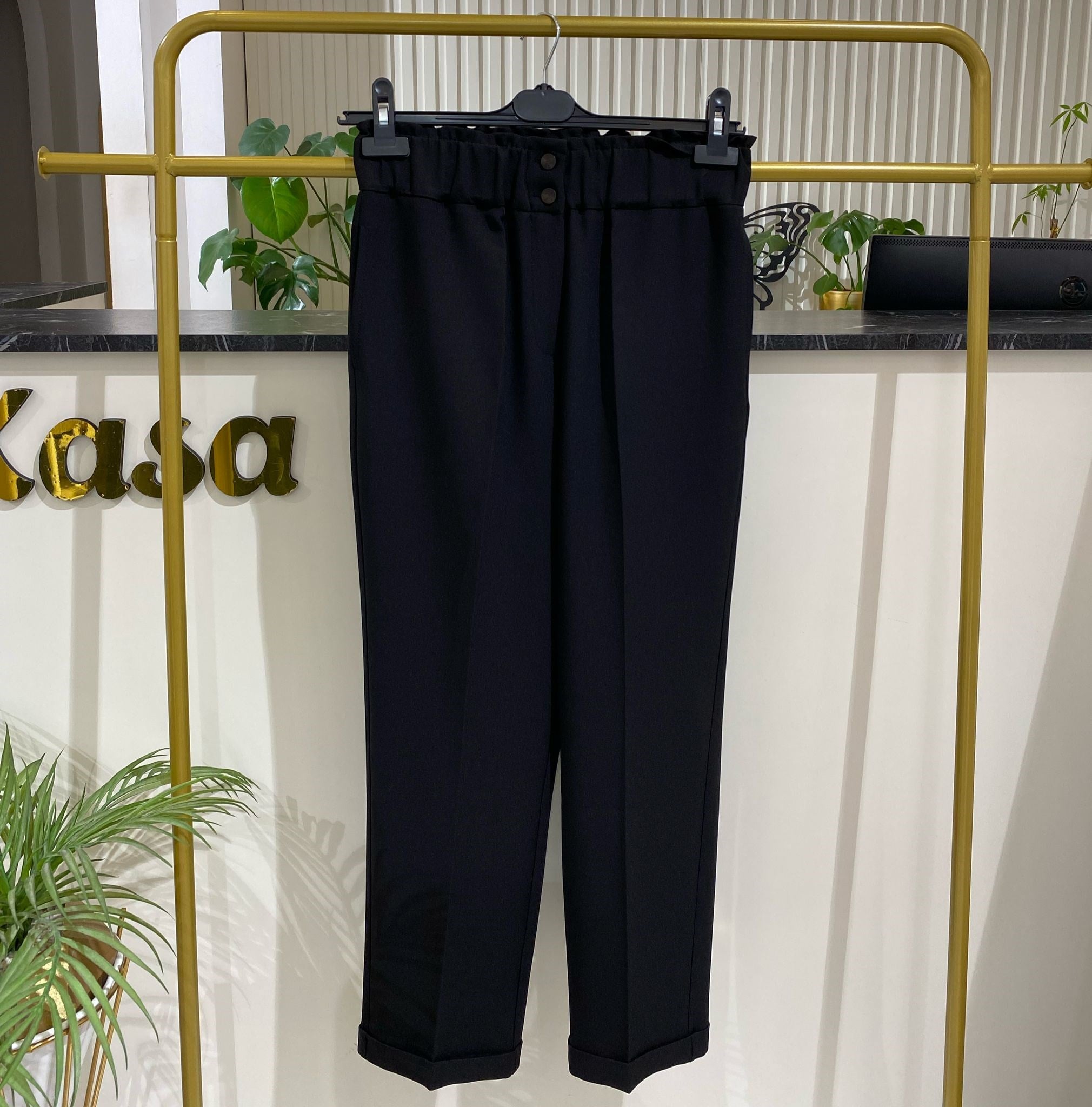 Beli Lastikli İnce Duble Paça Pantolon 5514 - SİYAH