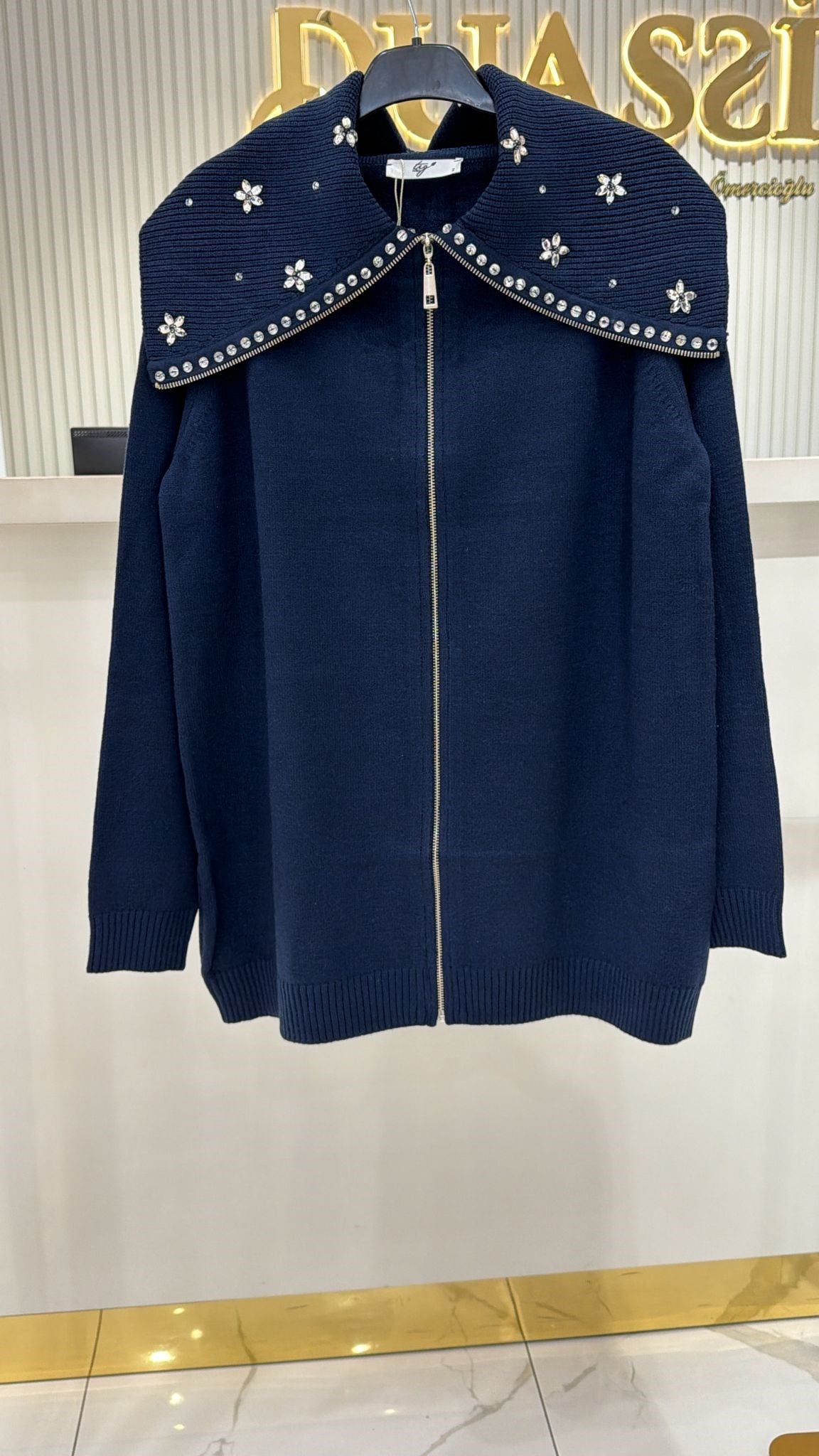 Hrk.21841.1 Denizci Yaka Önden Fermuarlı Dikme Taşlı Hırka