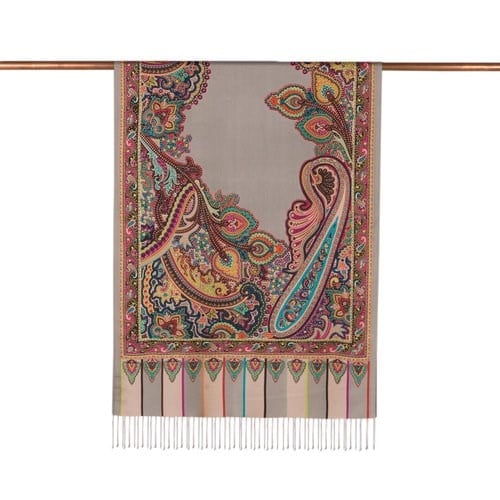 İpekevi Gümüş Çerçeve Paisley Desenli İpek Şal 6564 - Gold