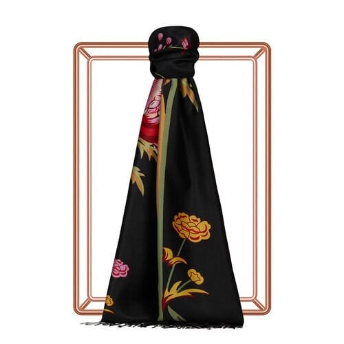 İpekevi Siyah Amaryllis Desenli İpek Şal 8023 - SİYAH