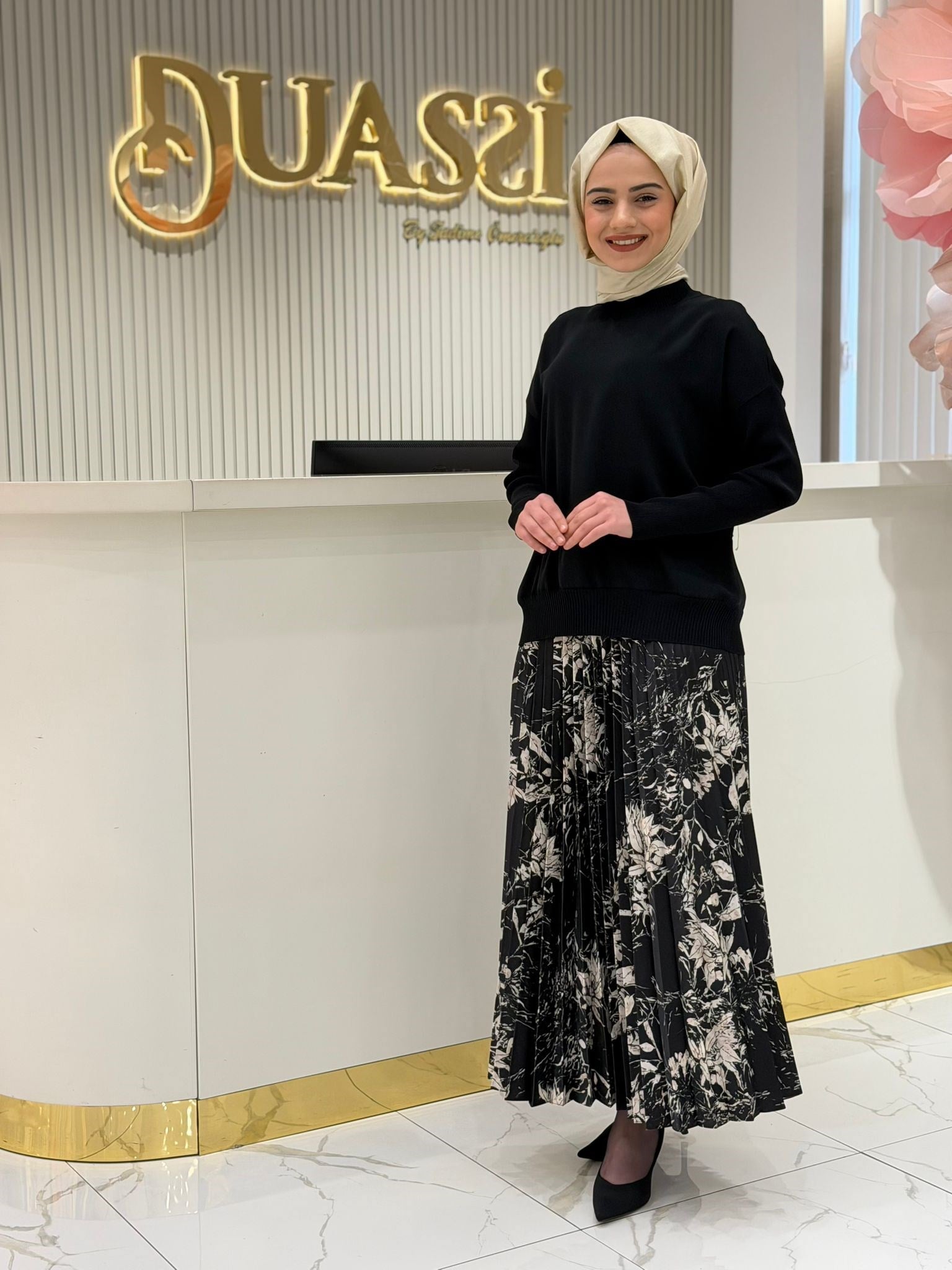 Sentez 5478 Siyah Desenli Plise Etek
