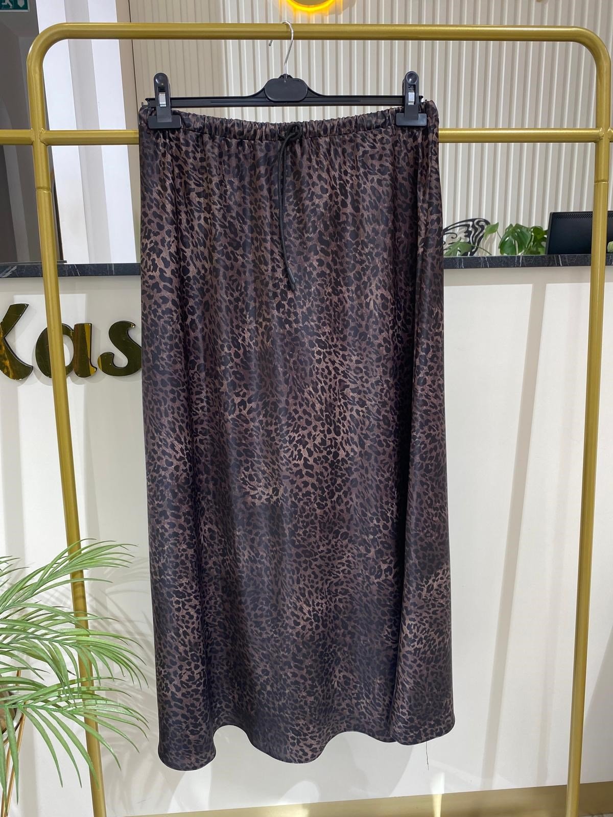 Sentez Leopar Saten Kiloş Etek 5451 - KAHVE