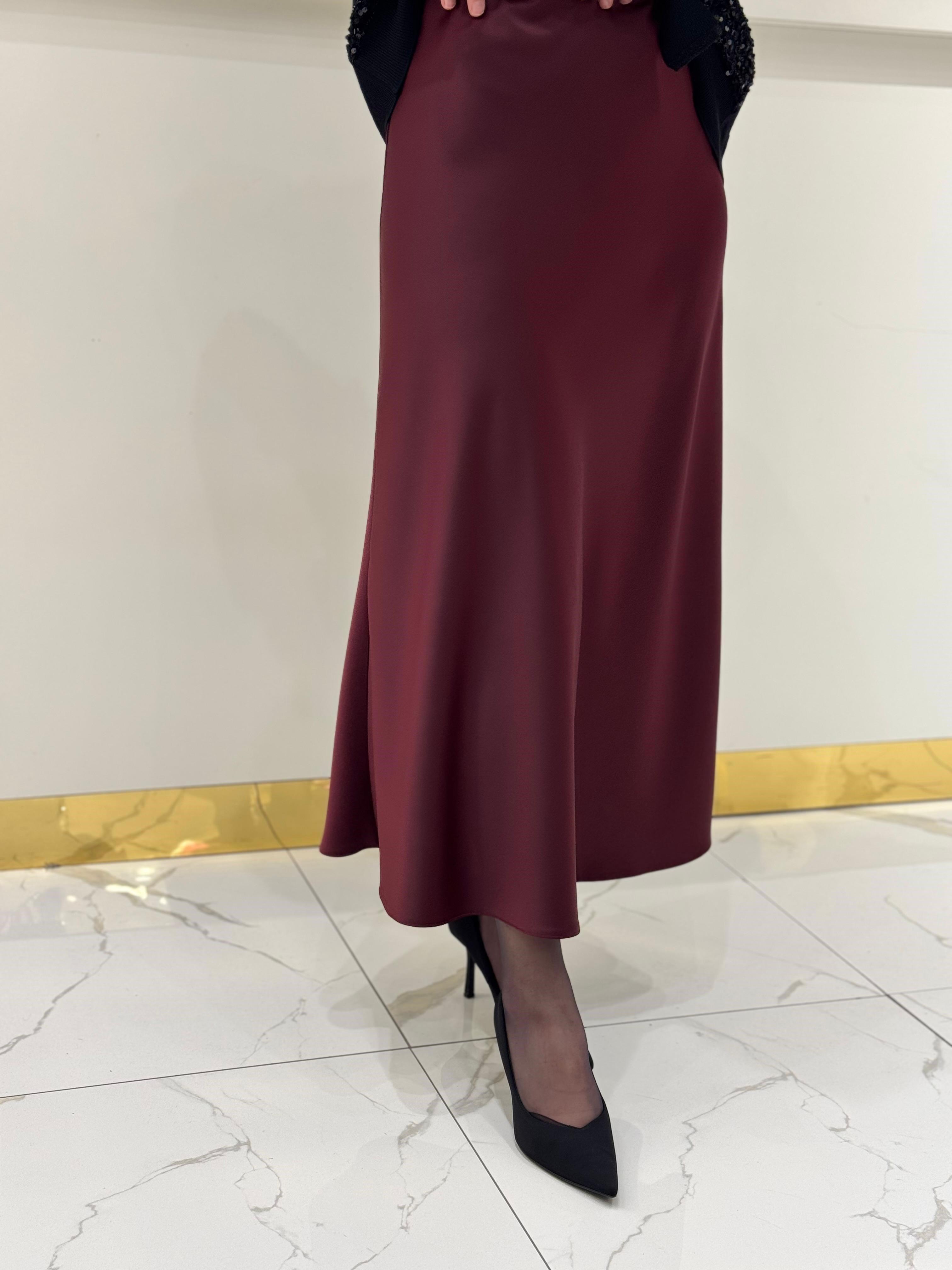 Sentez Luna Saten Volanlı Etek 5457 - BORDO