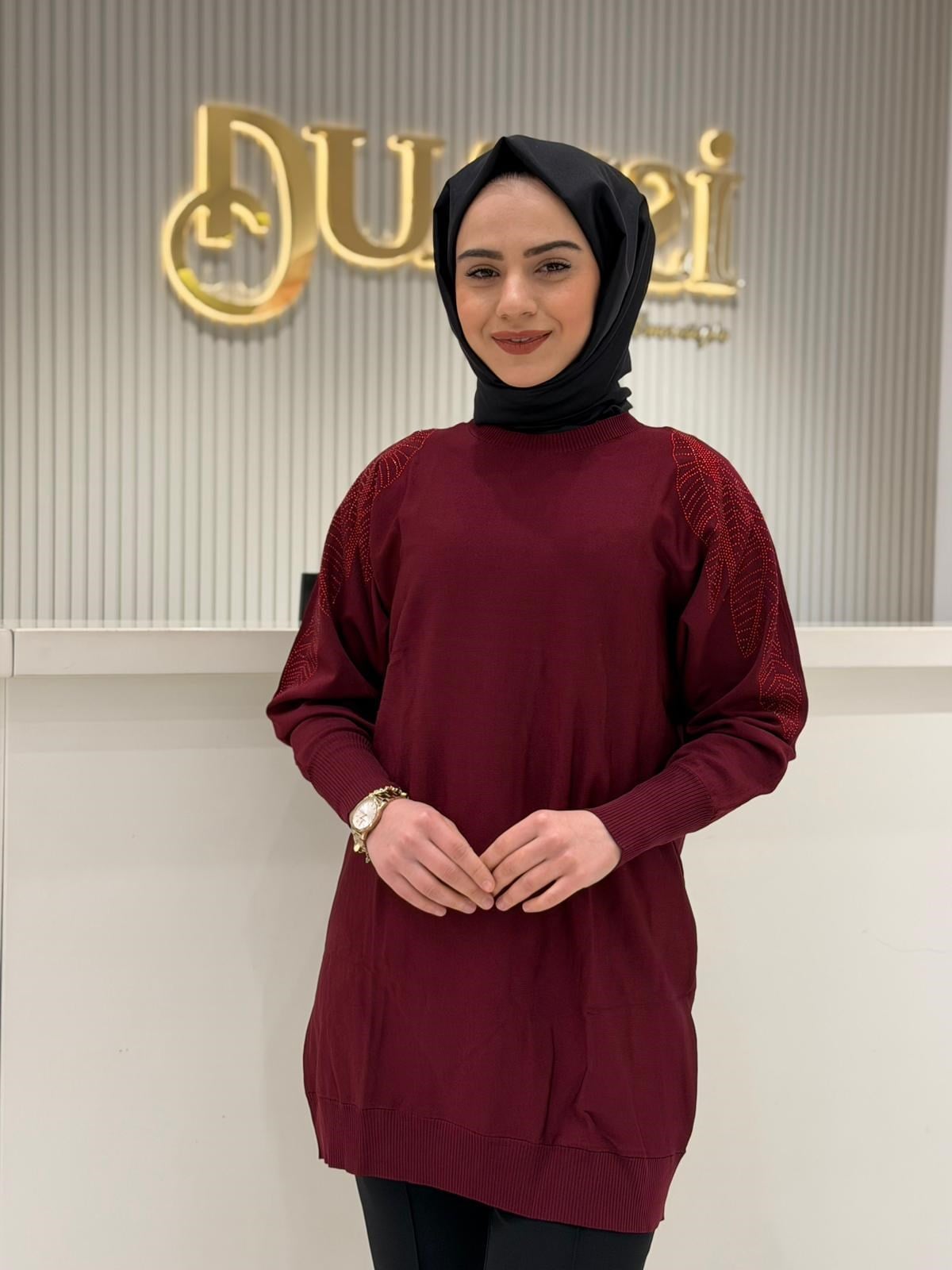 Tnk.21721.1 Omzu Yaprak Taş Baskılı Rayon Tunik