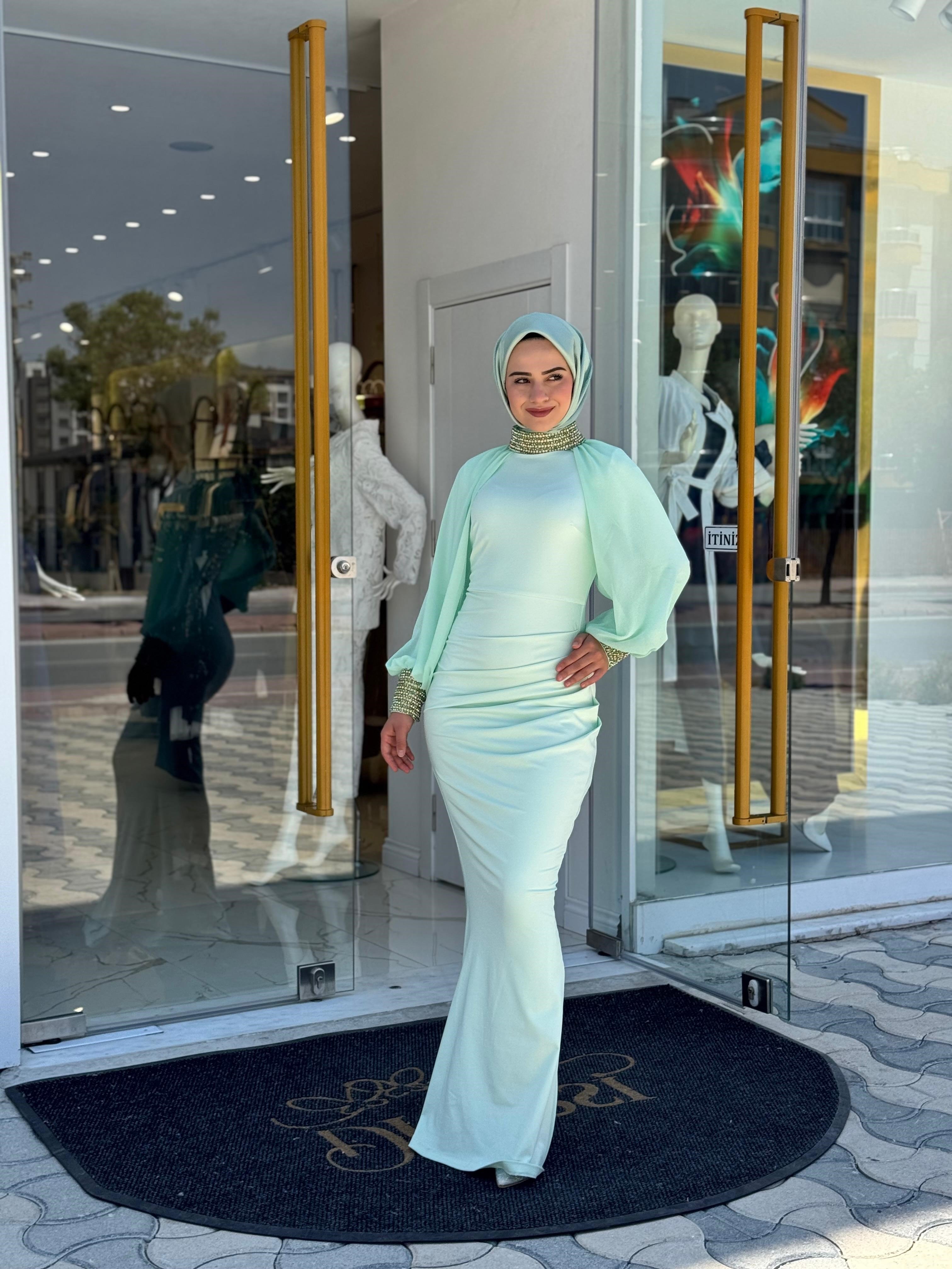 White Corner 3252 Abaya  - SU YEŞİLİ