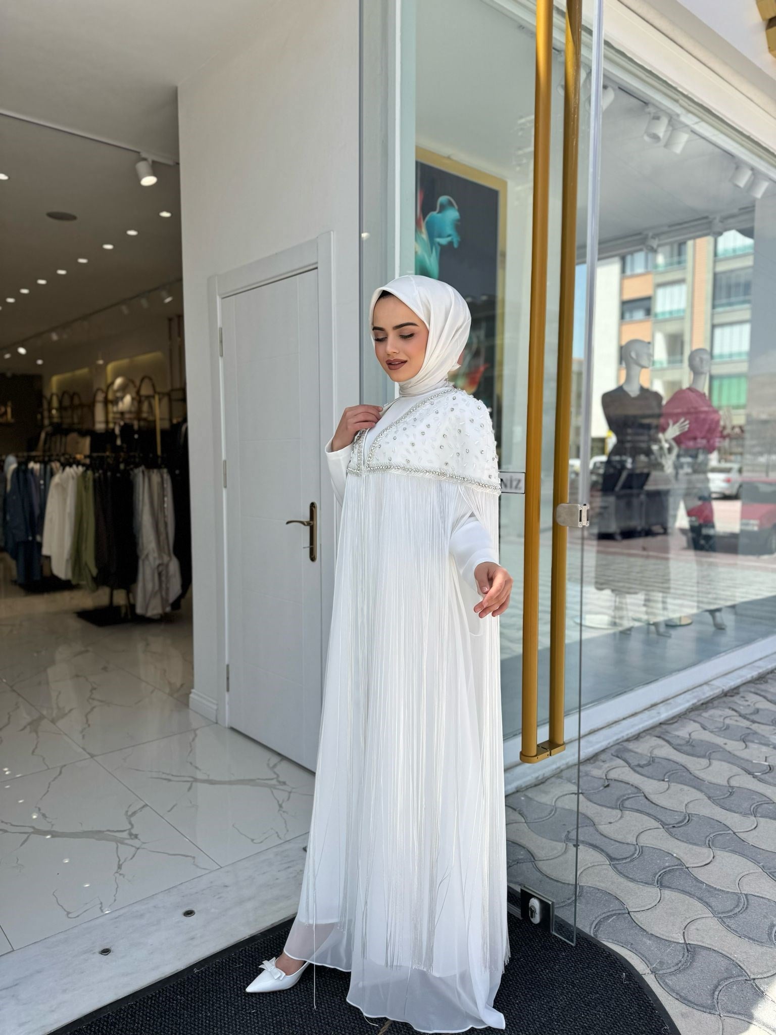 White Corner Abaya 2853 - EKRU