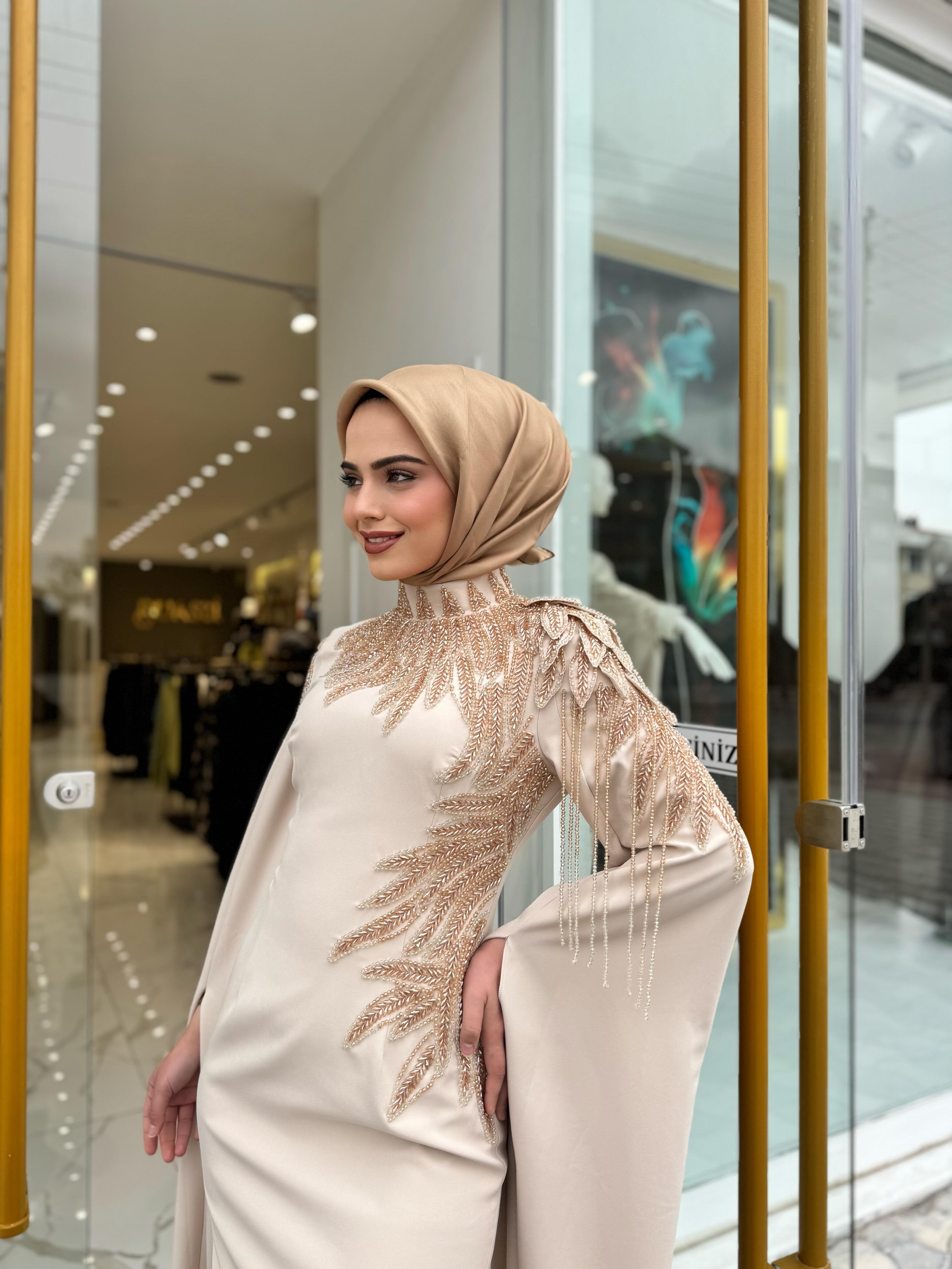 White Corner Abiye Elbise 2958 - BEJ