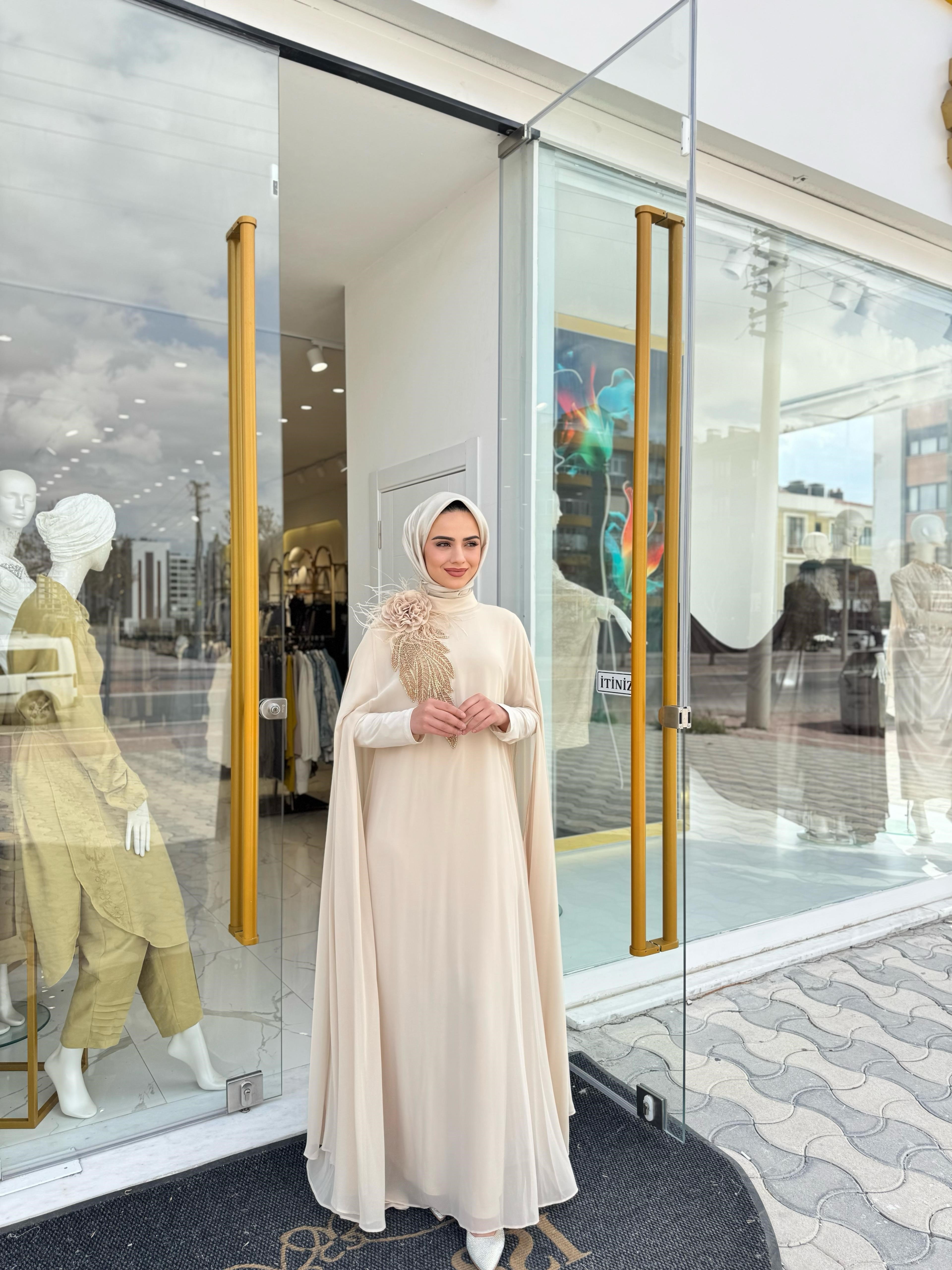 White Corner Abiye Elbise 3185 - BEJ