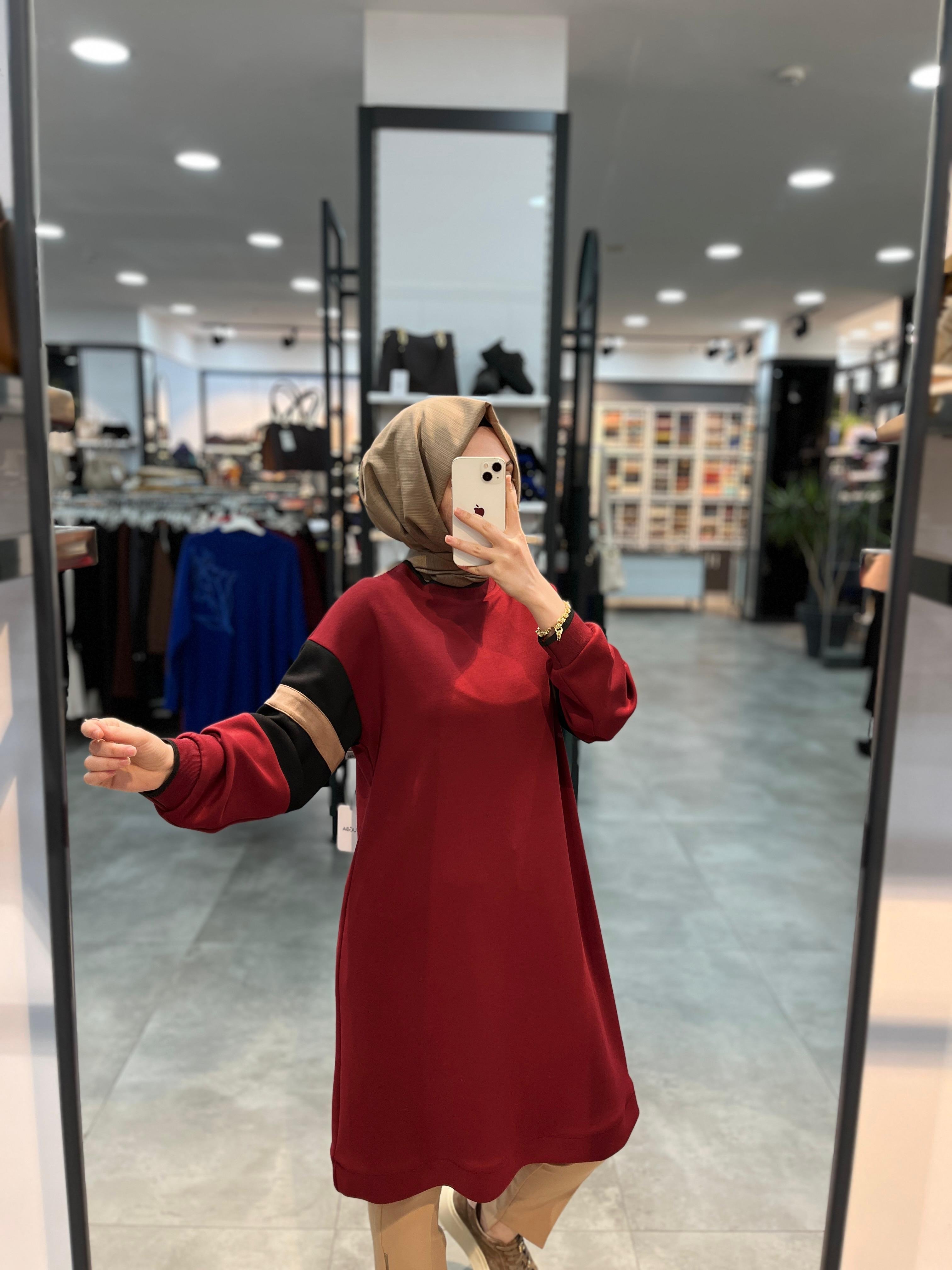 Alesya Ribanalı Kolu İki Renkli Tunik - Bordo