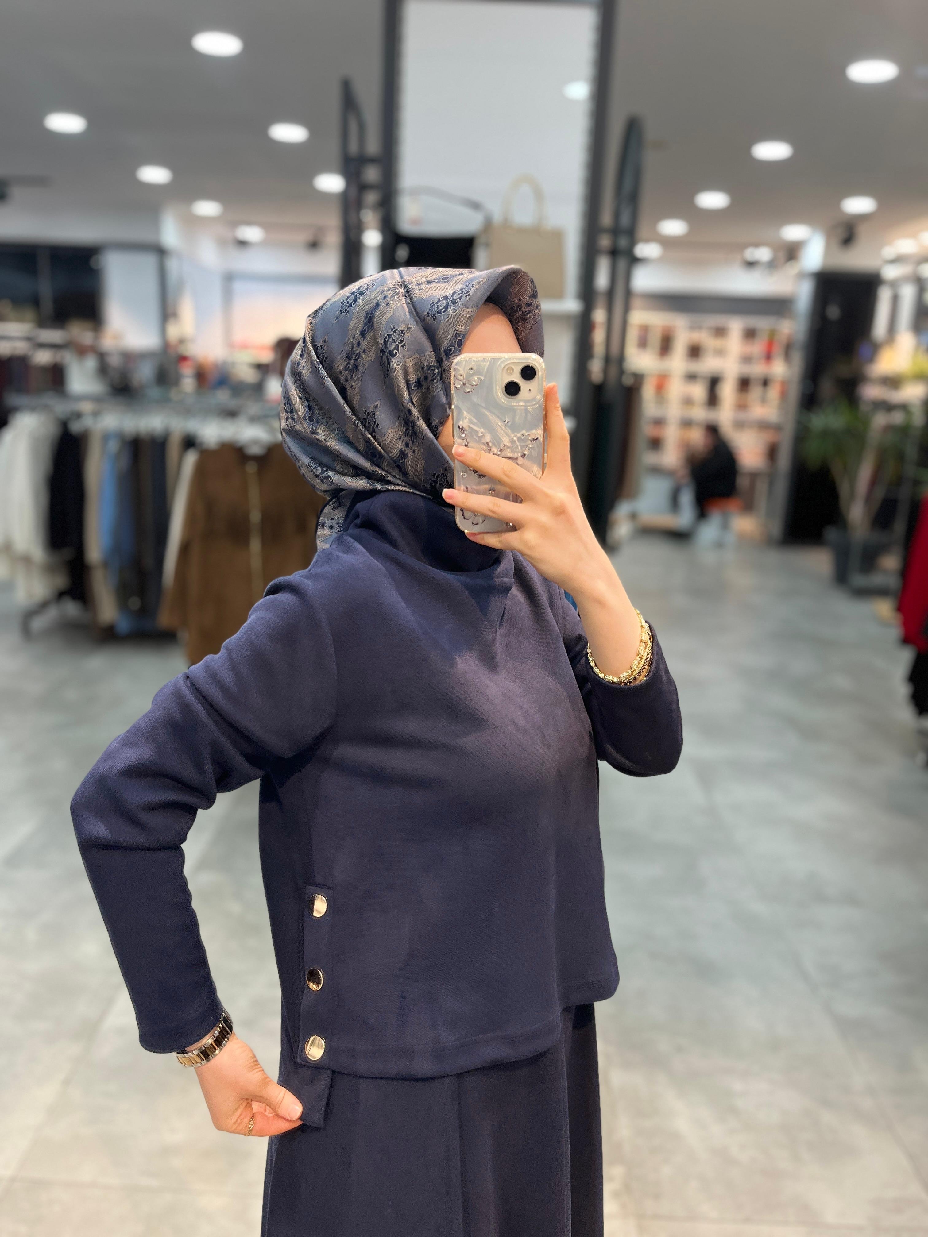 Nihan Cupra Süet Etek Bluz Takım - Lacivert