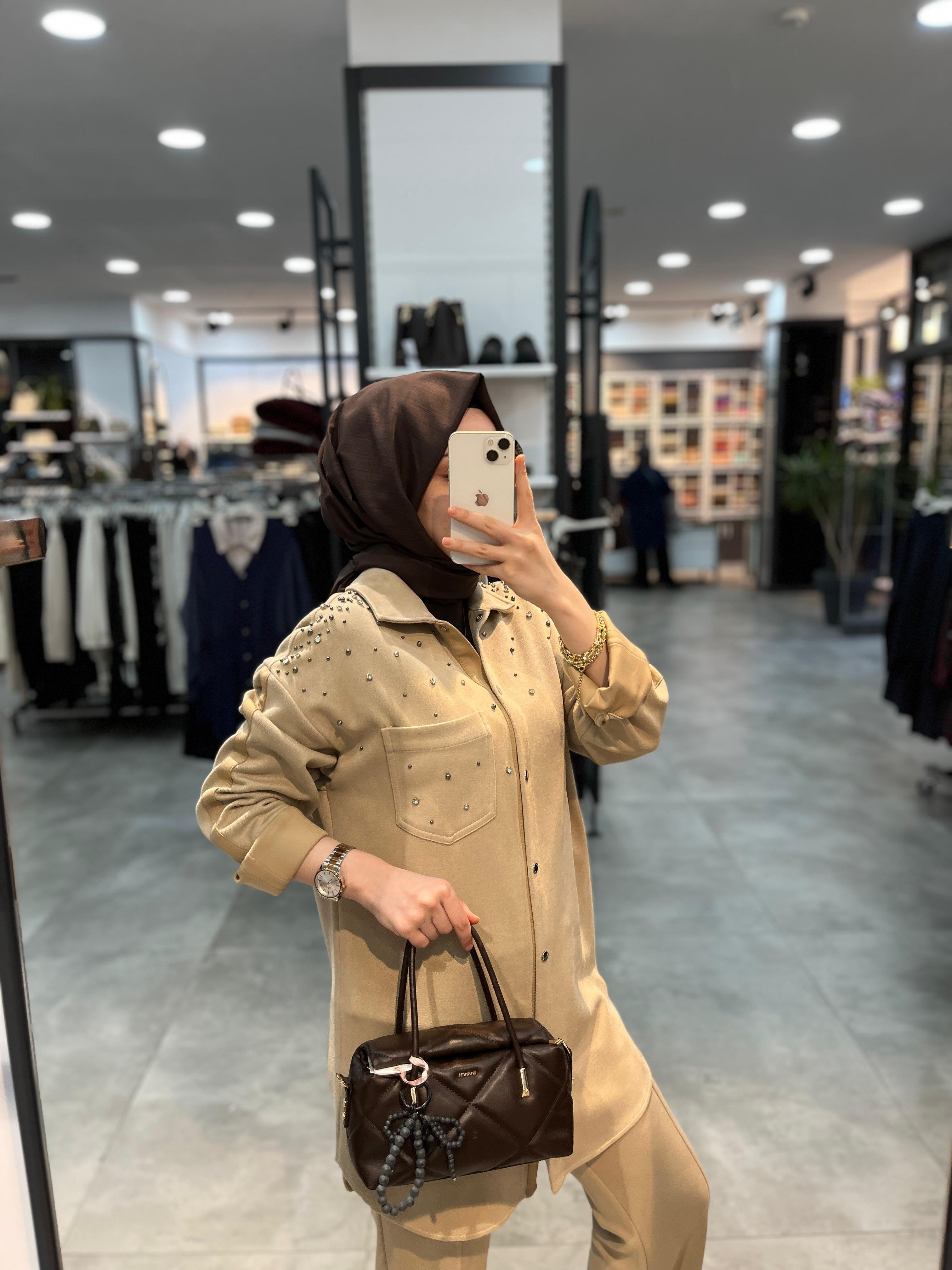 Nihan Cupra Süet Pantolon Tunik Takım - Bej