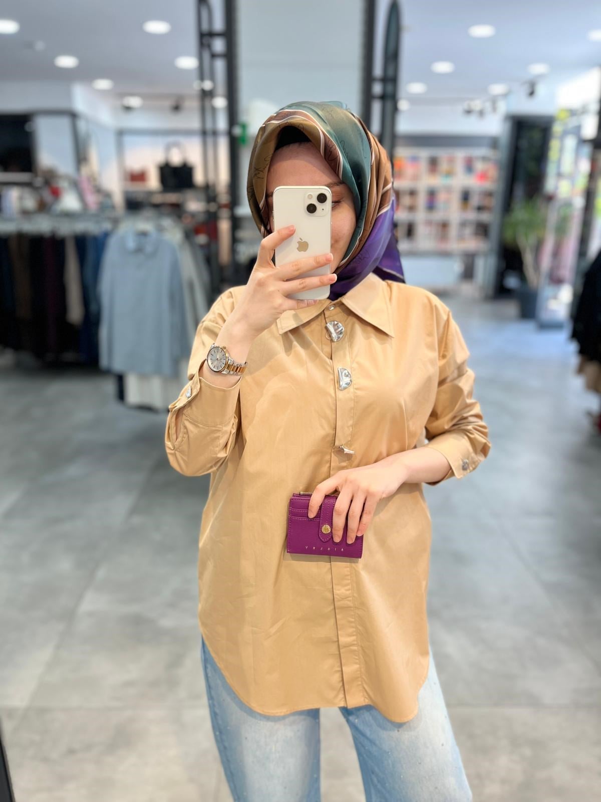 Nihan Düğme Detaylı Pamuk Tunik - Camel