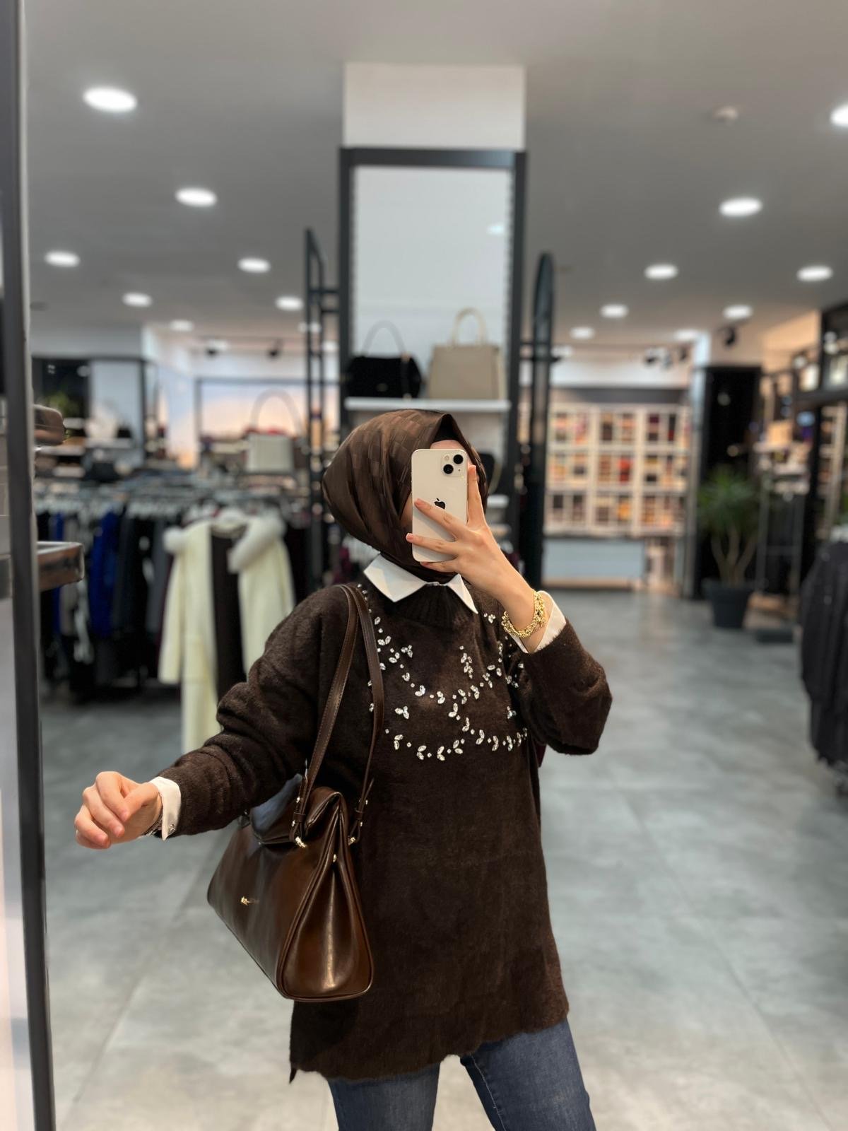 Nuss Triko Önü Taşlı Angora Tunik - Kahve