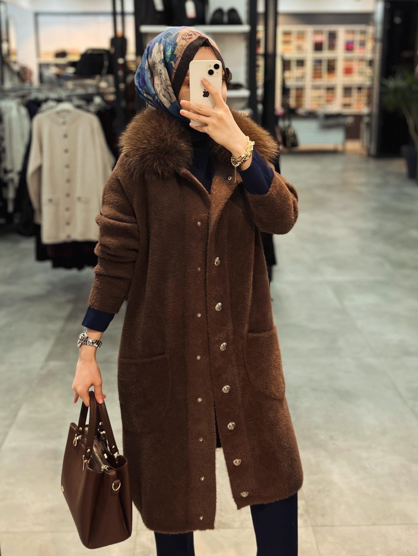 Nuss Triko Yakası Kürklü Torba Cepli Angora Kaban - Kahve